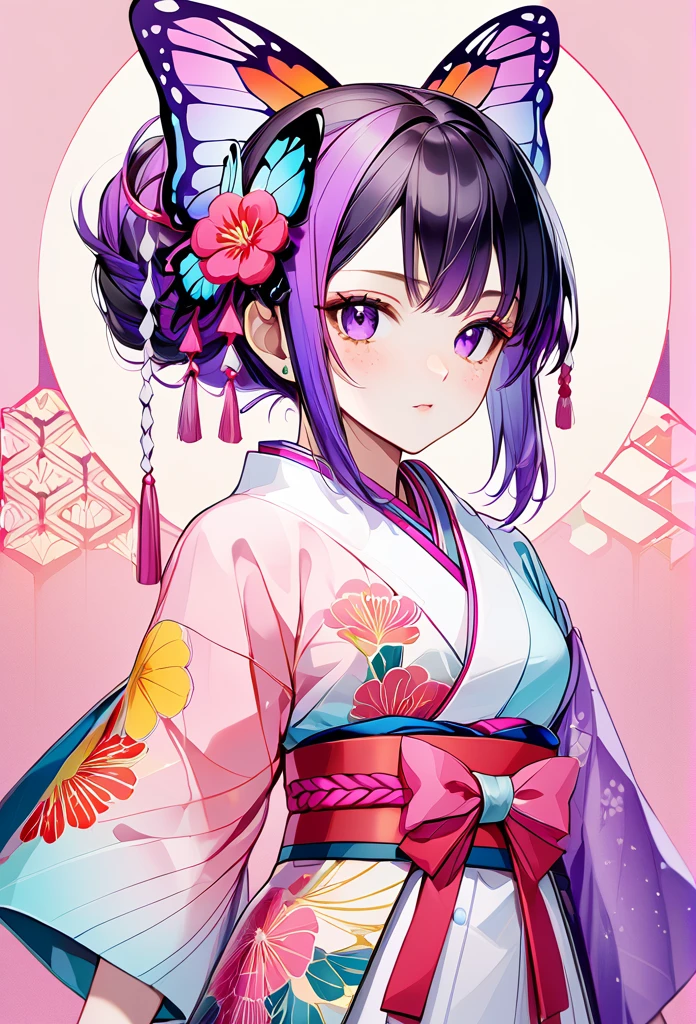 A mesmerizing surreal illustration of a young japanese woman resembling Shinobu Kouchou. She has black hair, purple eyes, a butterfly hair ornament, and wears a vibrant pastel colored outfit adorned with intricate floral patterns. Freckles dot her smooth, warm complexion, and bold, colorful tattoos cover her arms and legs. The tattoos feature traditional Japanese motifs like flowers and mythical creatures, rendered with meticulous detail in a pastel color palette. The background is a vintage floral-patterned wallpaper that complements the artwork's colors. The line work is precise, with delicate shading that gives the illustration a 3D quality. The artwork fuses modern illustration techniques with traditional Japanese aesthetics, resulting in a visually striking, portrait, Shinobu_Kocho, butterfly_hairpiece, multicolored_hair, purple_hair, black_hair, medium breasts, slender, arms behind back, 
