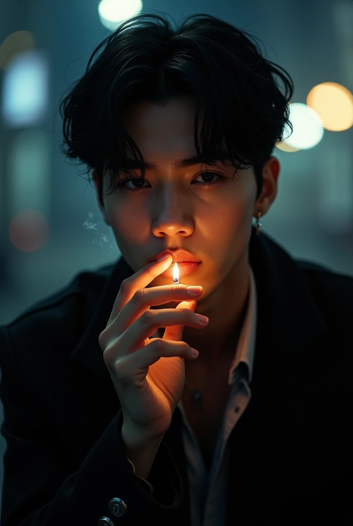 A picture of Jungkook smoking while he is in a dark place BTS