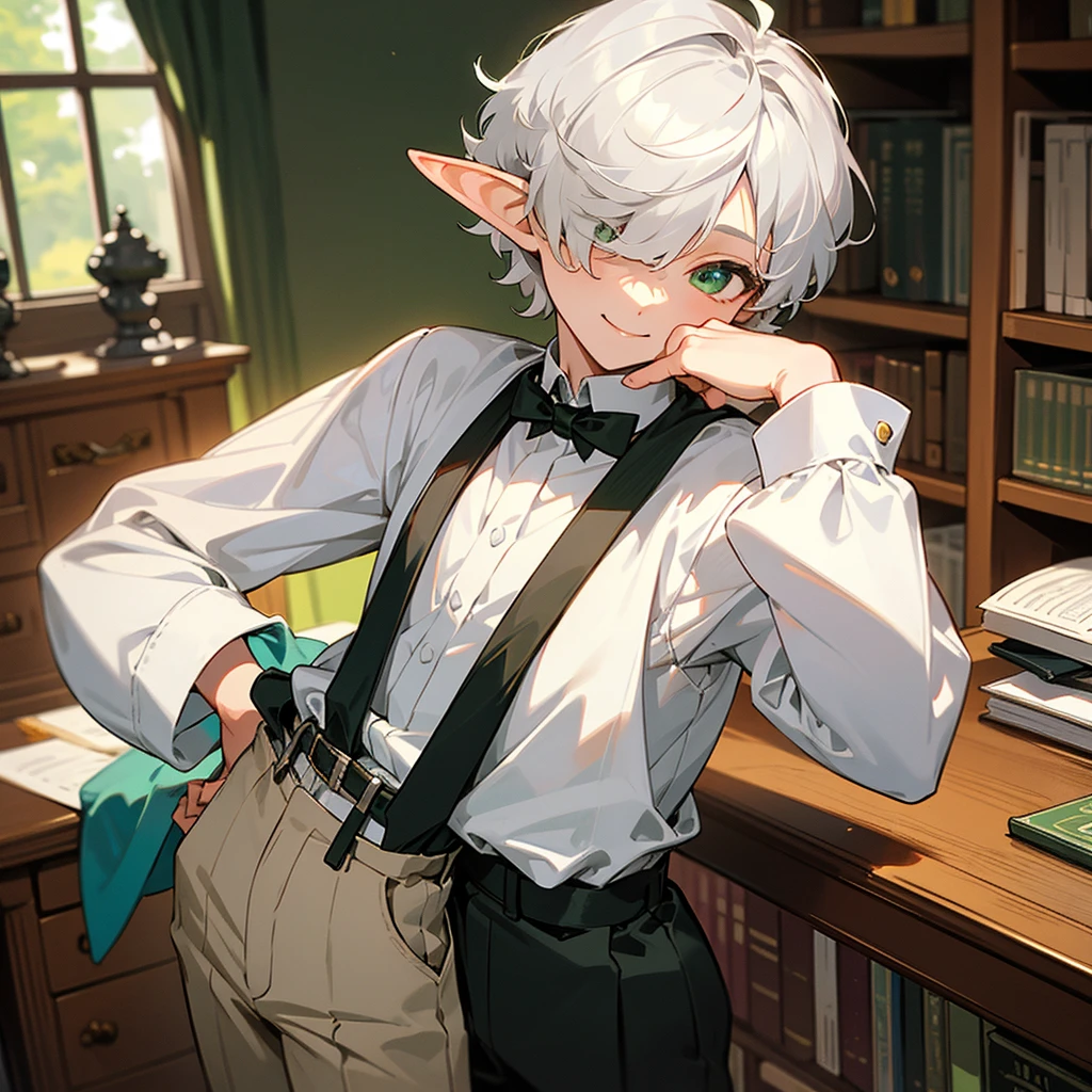 elf, silver hair,short hair, medium cut, curly hair, green eyes, fair skin, (1 boy), child, (covering one eye), petite, slim, suspender, White shirt, pants, belt, cool mild smile, inside, archive, with a bookshelf