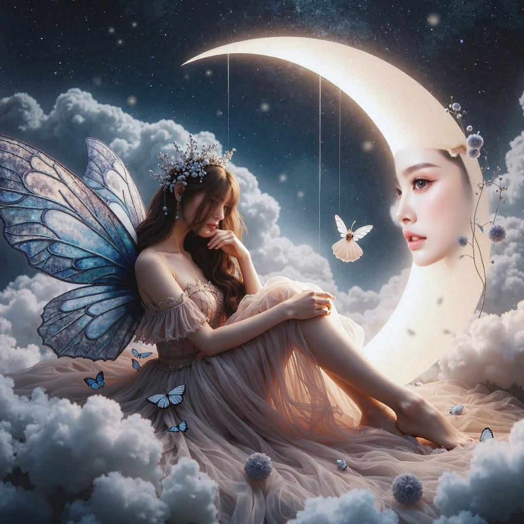 <lora:Ray Caesar Style:1>Ray Caesar Style - A woman with butterfly wings sitting on a crescent moon