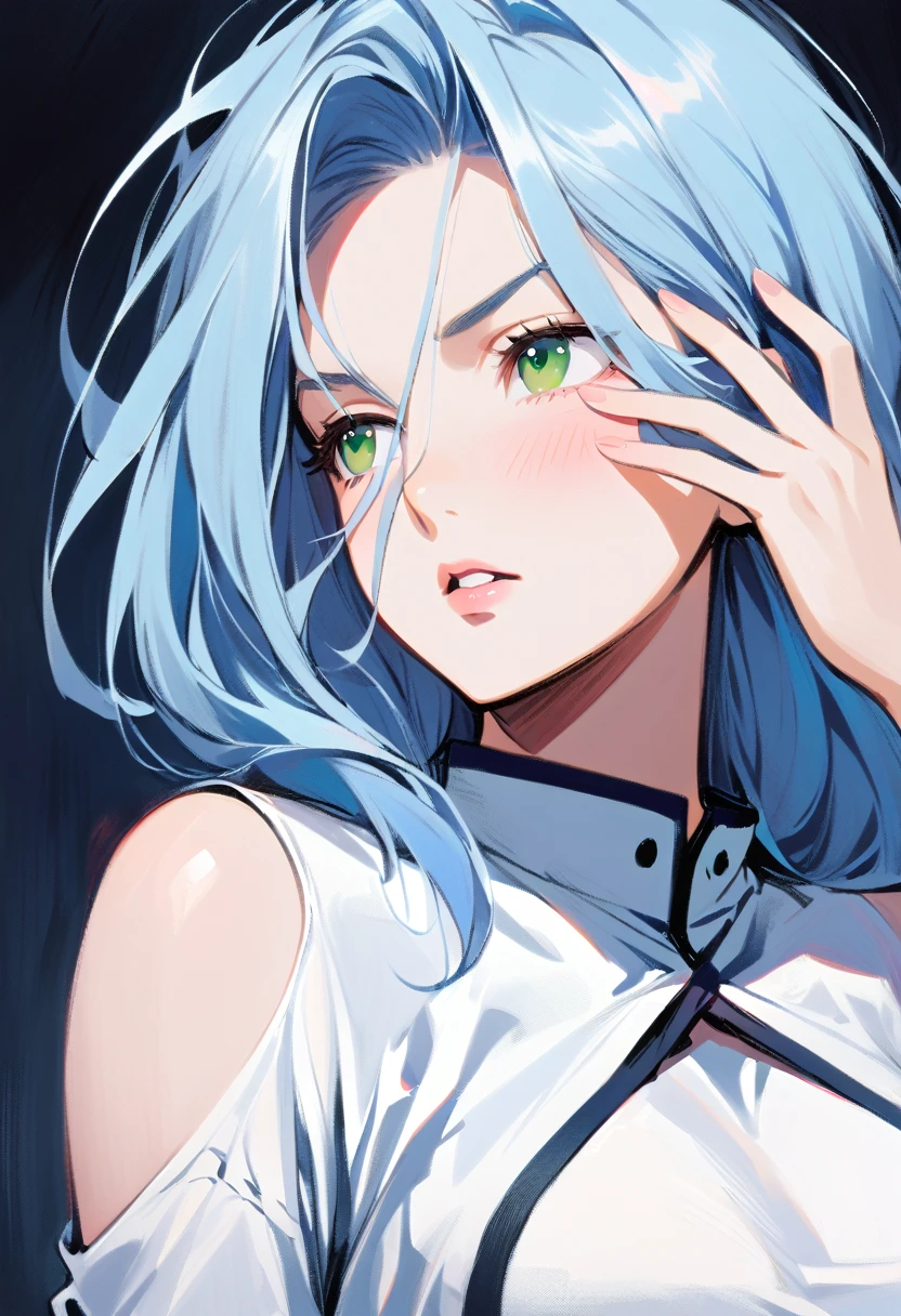 1 girl, <xml><input>alone</input></xml>, light blue hair, by the wide, green eyes, Hair covering one eye, Looking at the audience, very by the wide, mono, Keep your mouth shut, blush, chest
