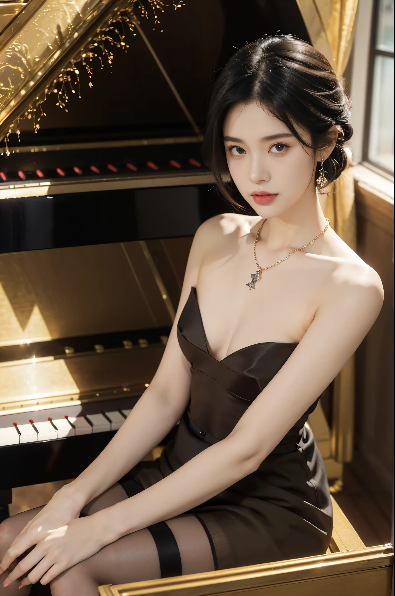 (masterpiece), (portrait), (aesthetic), (beautiful), (upper blody), (high quality), (aesthetic clothings), (professional angle), (rule of thirds), (Feminine), (woman), (female), (beautiful),(feminine features), (25 years), solo, 1 woman, (attractive Gothic Girl), Autumn, Dim light, ((Playing Piano)), (Sitting), Dark Makeup, (Average bust), ((Grand Piano)), (Front face), (Mysterious expression), ((Melancholy)), (Choker and Lace Gloves), ((shoulder length short hair)), (Black hair), (Straight hair), (Fine hair), Matte shine hair, (- in hair), (Purple eyes), (Elegant and Enigmatic look), (Fair skin), (Dark Colors clothing), (Victorian Dress), (-), (Long Skirt), Off-Shoulder neckline), ((Gothic Mansion background)), (Medium Shot Shot), beautiful hands, two hands, normal hands, two arms, complete hands, beautiful body, beautiful fingers, normal fingers, five fingers, five fingers, (Thumb index meddle ring little fingers), beautiful ears, normal ears, beautiful eyes, shiny eyes, beautiful mouth, beautiful lips,
