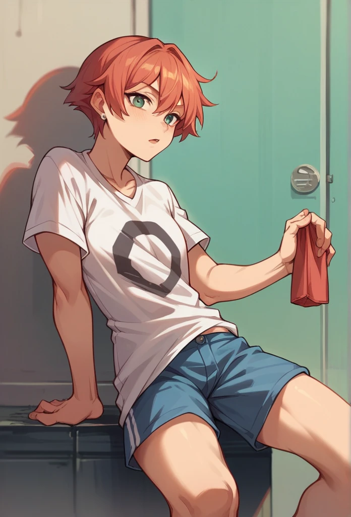 1boy,solo,twink,red hair,white tank top,clothes lift,navel,yellow pubic hair,locker room,male focus,penis,erection,precum,soccer ball,<lora:male2.5DStyle:0.8>,