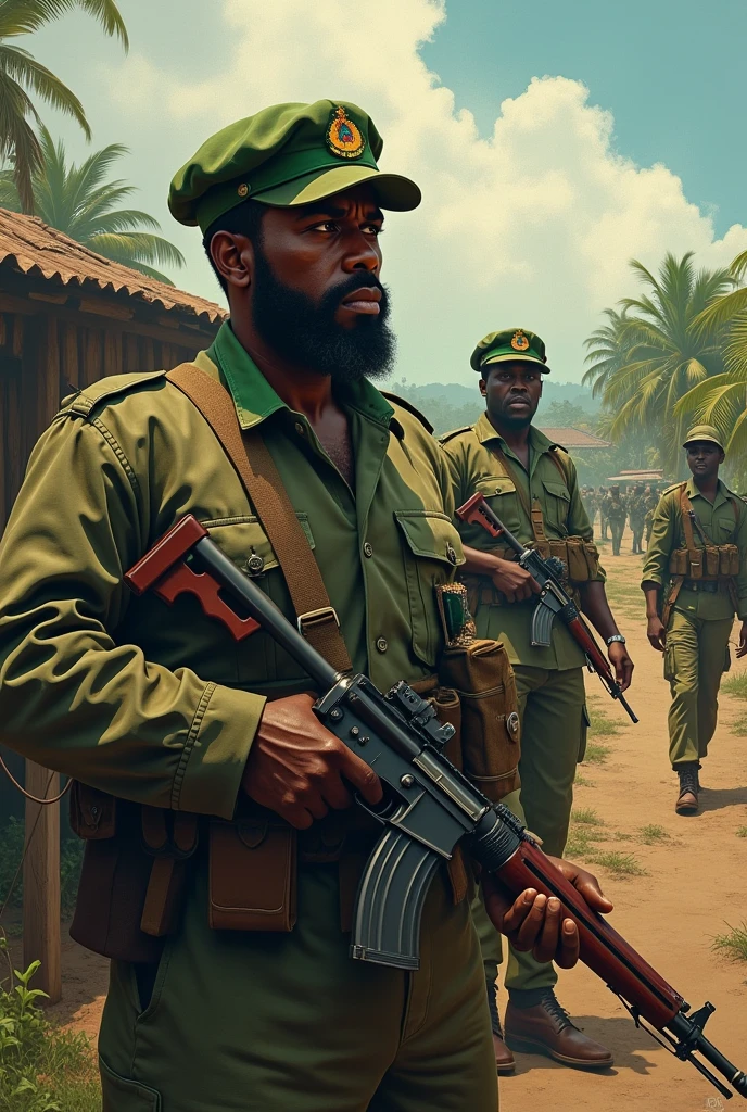 Dans cette image puissante, A courageous Pan-African stands in the face of imperialism's looming shadow. Express the struggle for economic and political independence, symbolizing the end of neocolonialism."