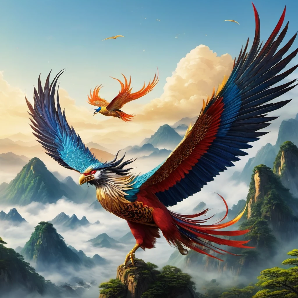 Mythical beast name: Kunpeng
Biological characteristics: Kunpeng is a massive bird-like beast, with a body size like a mountain peak and feathers shining with magnificent colors. It has two huge wings that can cover tens of thousands of kilometers, capable of blocking out the sun.
Source: "In the Great Wilderness North Scripture of Shan Hai Jing, there is a mountain called North Cabinet where the sea water flows in. There is a fish named Kun with a huge body, which can fly without wings and transform into a bird named Peng with wings as big as the sky, causing Heaven and Earth to collapse with its flap."
Cultural implication: In traditional culture, Kunpeng is regarded as a symbol of good omen, implying high aspirations and broad prospects. Kun's flight represents breaking through difficulties and pursuing  and ideals, with strong symbolic significance.
Image application: The image of Kunpeng is often applied to traditional architecture, crafts, and literary and artistic works, becoming a type of lucky pattern and shape.