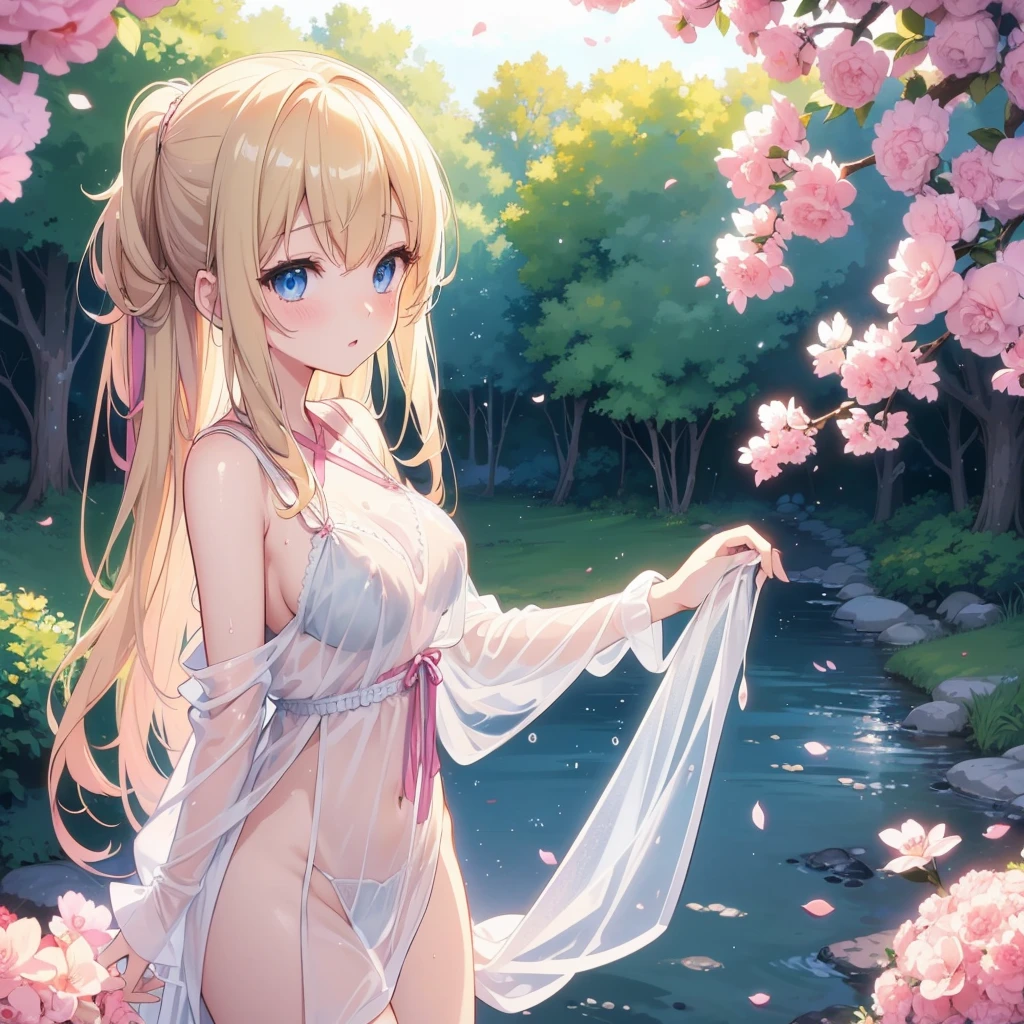 Anime Girls, Anime Style 4 k, Digital anime illustration, digital anime art, Anime Style. 8k, Anime Moe Art Style, anime art wallpaper 4k, anime art wallpaper 4k, Anime Style illustration, Smooth anime CG art, detailed digital anime art, Anime Art Wallpapers 8K, Realistic Anime 3D Style、One girl, lingerie、Sheer white underwear、blondes、Blushing, blue eyes, Nipple erection、Sensual facial expression、Large Breasts,((See-through underwear))、濡れている