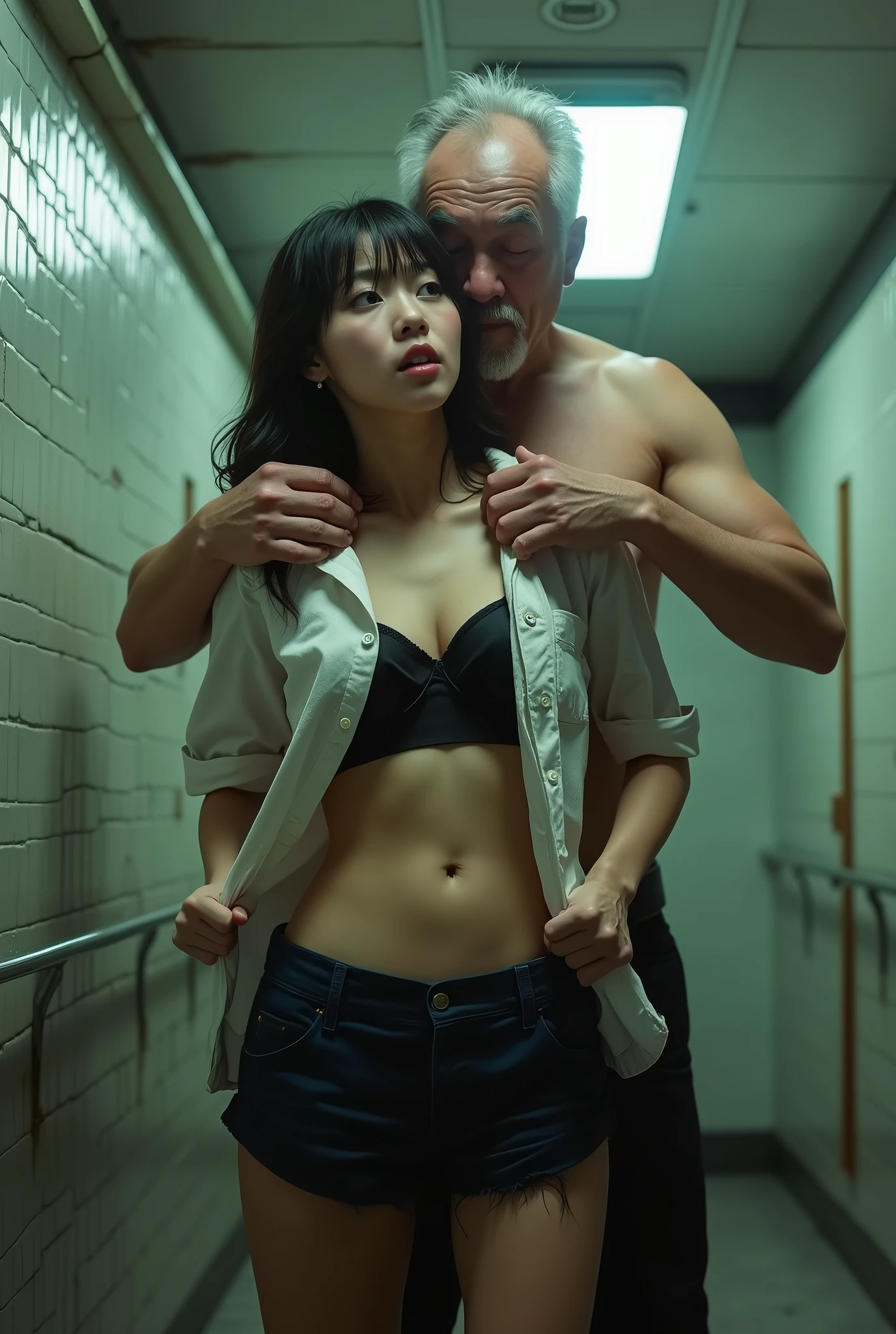 (Shabby public restroom).An old man wearing only underwear hugs a woman from behind and gets intimate with her in a bathroom stall..((Korean woman with black hair).Women with big breasts.Women with big breasts.Korean actress female.Korean girl group women.Woman in her 20s.Hourglass body.woman in black panties.A woman wearing a tight, thin, ripped short-sleeved T-shirt.Skinny jeans are lying on the floor..white skin woman.Wearing white sneakers.Korean fitting model.slim woman.A woman with a frightened expression.