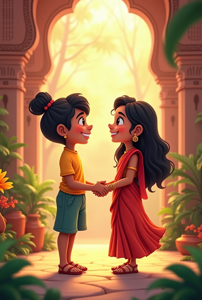 Chotta bheem and indumati(very beautiful girl with red beautiful  saree and many gold jelwelries )love marriage Bheem is a well-loved figure in the village, known for his good heart and helping hand. He is an adventurous, fun-loving but virtuous boy who is gifted with superhuman strength. This strength can be powered up by consuming laddoos, his favorite food.Indumati is the Princess of Dholakpur and daughter of Indraverma and the elder sister of Ravi Varma