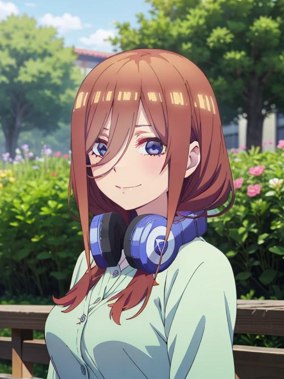 (masutepiece, Best Quality, hight resolution, nffsw, Perfect Pixel, depth of fields, 4K), Beautiful anime girl, Perfect body,, , miku nakano, cardigan, headphones around neck, looking at viewer, smile , flower garden, many flower ,
