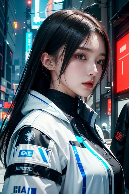 Masterpiece，The best qualities，Very high resolution，8k，((Portrait))，((Head close-up))，Original photo，real photo，Digital photography， (Cyberpunk-style female cops of the future world)，(Fighting girl)，2 Girls，(Long hair in a casual style，blue)，An eye rich in detail，((Lachrymal nevus))，lip gloss，(Elegant and charming，Indifferent and noble)，(Futuristic electronic style clothing，Complex electronic pattern designcient and mysterious pattern，Red and black)，Cyberpunk Characters，Future Style， Taking photos posture，Street background，Movie lights，Ray tracing，Game CG，((3D Unreal Engine))，oc rendering reflection texture