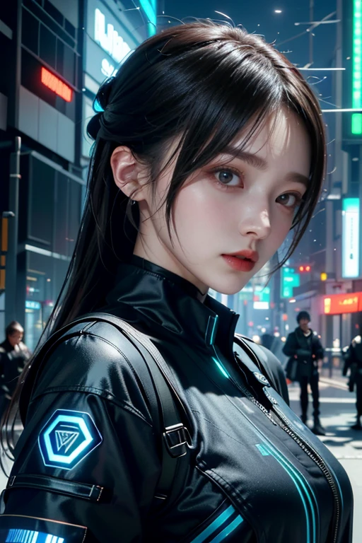 Masterpiece，The best qualities，Very high resolution，8k，((Portrait))，((Head close-up))，Original photo，real photo，Digital photography， (Cyberpunk-style female cops of the future world)，(Fighting girl)，2 Girls，(Long hair in a casual style，blue)，An eye rich in detail，((Lachrymal nevus))，lip gloss，(Elegant and charming，Indifferent and noble)，(Futuristic electronic style clothing，Complex electronic pattern designcient and mysterious pattern，Red and black)，Cyberpunk Characters，Future Style， Taking photos posture，Street background，Movie lights，Ray tracing，Game CG，((3D Unreal Engine))，oc rendering reflection texture