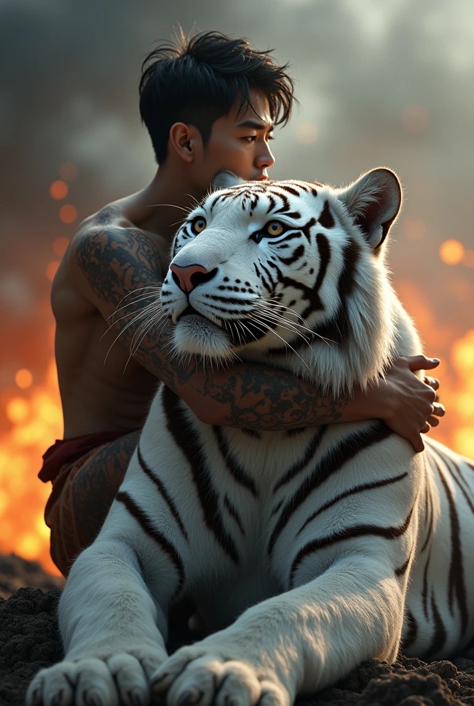 Beautiful male asian warrior short stubble long dark red hair light brown leather armor longsword lying in high grass with big jaguar cat harvest moon art deco style
