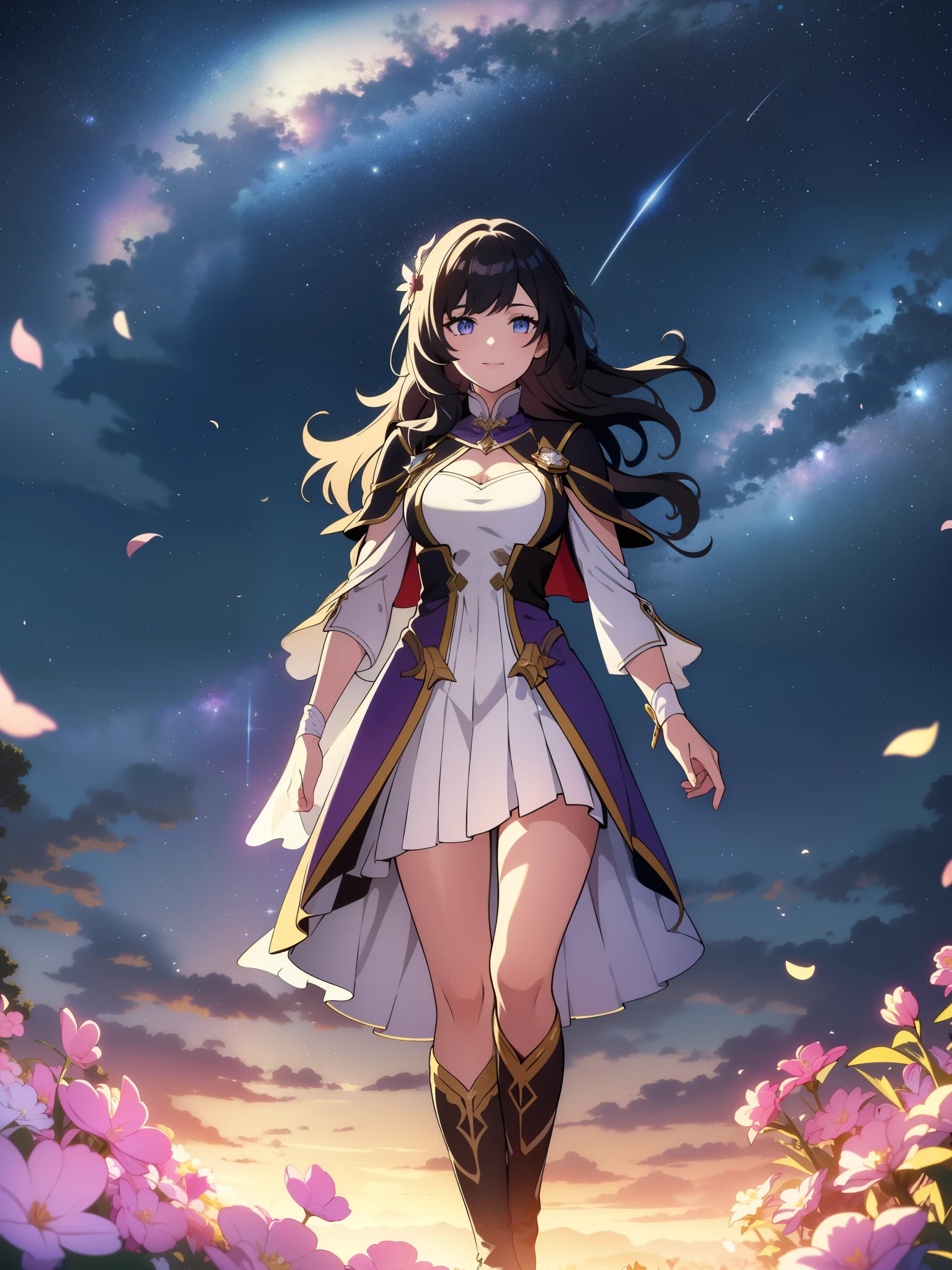 (high-quality, breathtaking),(expressive eyes, perfect face) portrait, 1girl, female, solo, young teen, black hair, pink eye color, medium hair length, soft wavy hair, gentle smile, loose hair, side bangs, looking at viewer, portrait, full shot, happy expression, ribbon in hair, flower in hair, fantasy clothing, elegant, mature, height 4"3, adventurer attire, warlock attire, warlock profession, short height, Dungeons & Dragons character, jacket, dress, cape, winged cape, Firefly Honkai Star Rail Character, starry sky, dawn in the distance, shooting stars, backgroound, flower field, scenary, cloudy sky, grass, trees, flower petals, leafs, blue flower, purple flower, white flower, field, standing in field of flowers, boots,
