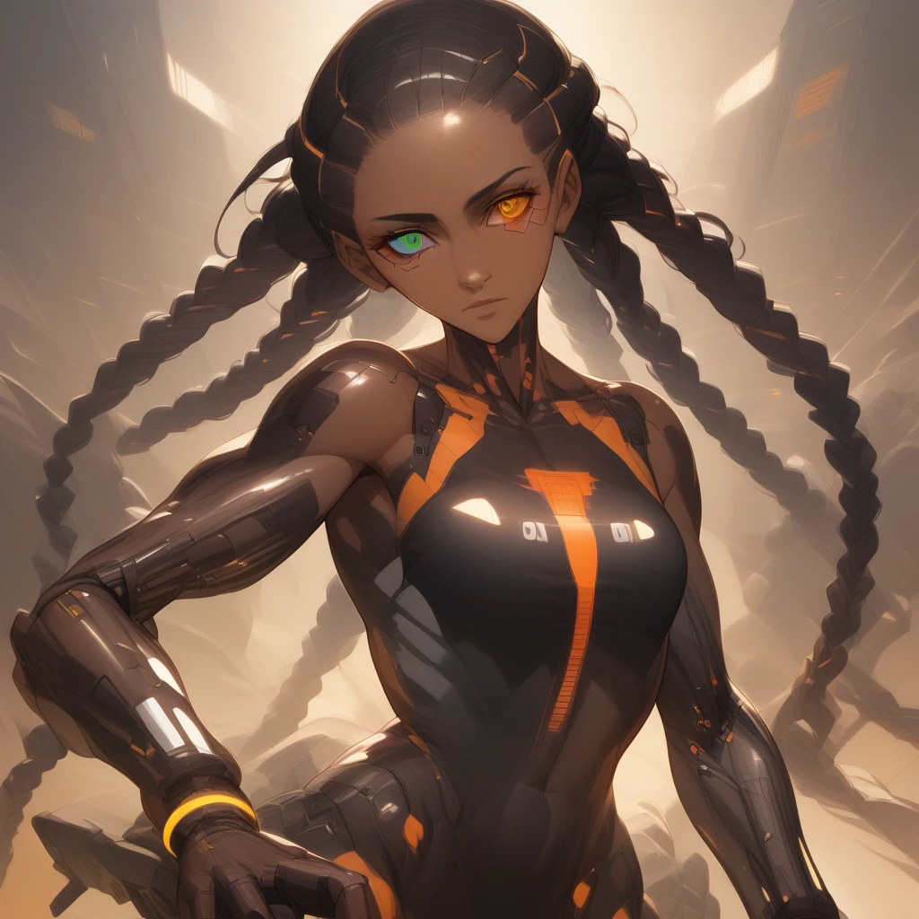 Black woman, sensuous, curvaceous, carnal,cool, powerful, (cyberpunk mecha ninja, mecha holographic dress, an orange bracelet:1.2), braids, long hair, (heterochromia eyes:1.2), big , (chocolate-skinned female, statuesque, voluptuous, braided black hair, soft heart-shaped face, concaved Nubian button nose, powerful. , tone, slender physique, heart hips, an eye-catching beauty, bottom-Heavy: Red green, and orange neon blacklight art, Masterpiece, hyper-aesthetic, hyper-absurd resolution, atmospheric perspective, depth of field, atmospheric shading, atmospheric lighting, ultra-high resolution, cinematic lighting, thick line detailed animation,4k, hyper resolution animation, best quality, expressive eyes, perfect face, perfect eyes, perfect anatomy, perfect physique, perfect hands, dynamic shading, dynamic pose, dynamic perspective, dynamic line of action, Raw sensuality