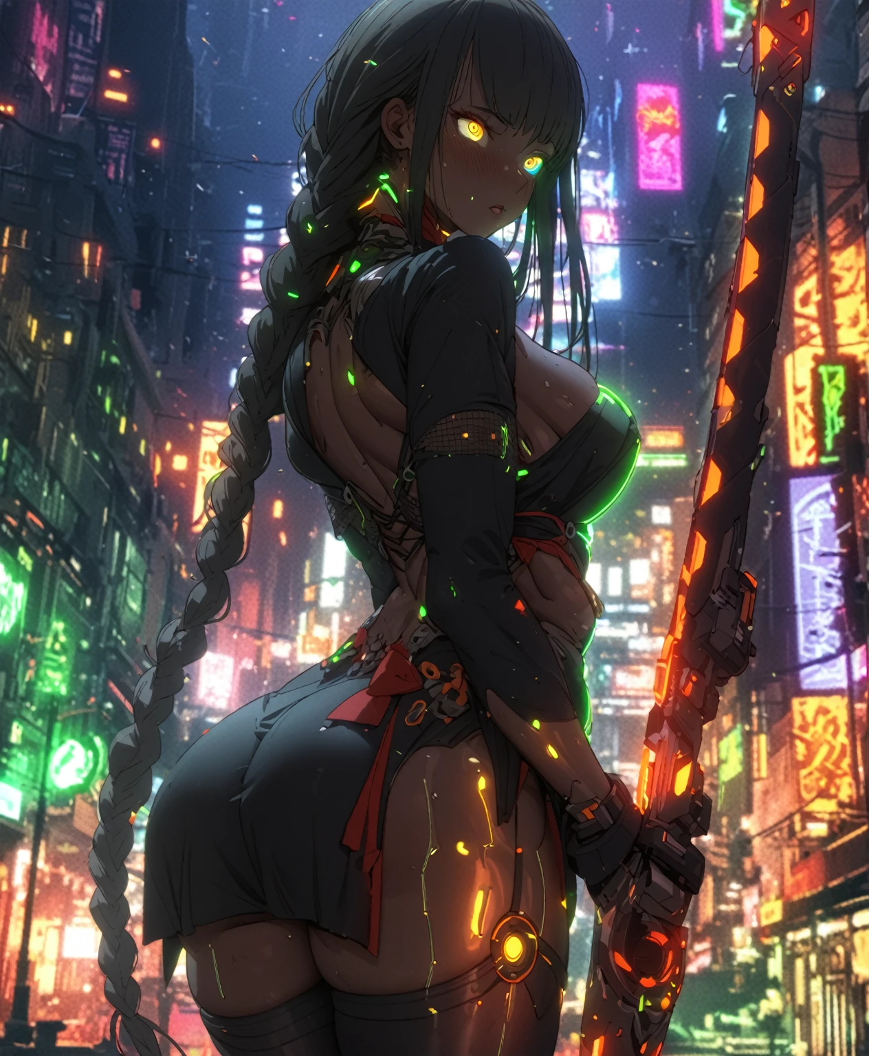 black woman,sensual, carnal,cool ,powerful, (cyberpunk mecha ninja, mecha holographic dress, an orange bracelet:1.2), large breast, braids, long hair, (heterochromia eyes:1.2), (chocolate-skinned female, statuesque, voluptuous, braided black hair, soft heart-shaped face, concaved Nubian button nose,powerful. , tone, and slender physique, heart hips, an eye-catching beauty, bottom-Heavy : Red green and orange neon blacklight art, Masterpiece, hyper-aesthetic, hyper-absurd resolution ,atmospheric perspective, depth of field, atmospheric shading, atmospheric lighting, ultra high resolution, cinematic lighting, thick line detailed animation,4k, hyper resolution animation, best quality, expressive eyes, perfect face, perfect eyes, perfect anatomy, perfect physique, perfect hands , dynamic shading,, dynamic pose, dynamic perspective, dynamic line of action, Raw sensuality