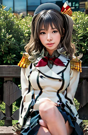 japanese girl,long wavy hair:1.4,light brown hair,diagonal bangs:1.2,black eyes,pale skin,thick lips,pretty face:1.2,cute face:1.3, face:1.6,Round face:1.4,Droopy eyes:1.5,dwarf, petite,height 1.45meters,glamorous 40kg,large breast:1.1,military uniform,cap,outdoors
,8K,32K,RAW photo,High detail RAW color photo,high resolution,Realistic,Photorealistic, absurdres,(Anatomically correct:1.3),((cowboy shot,knee shot))