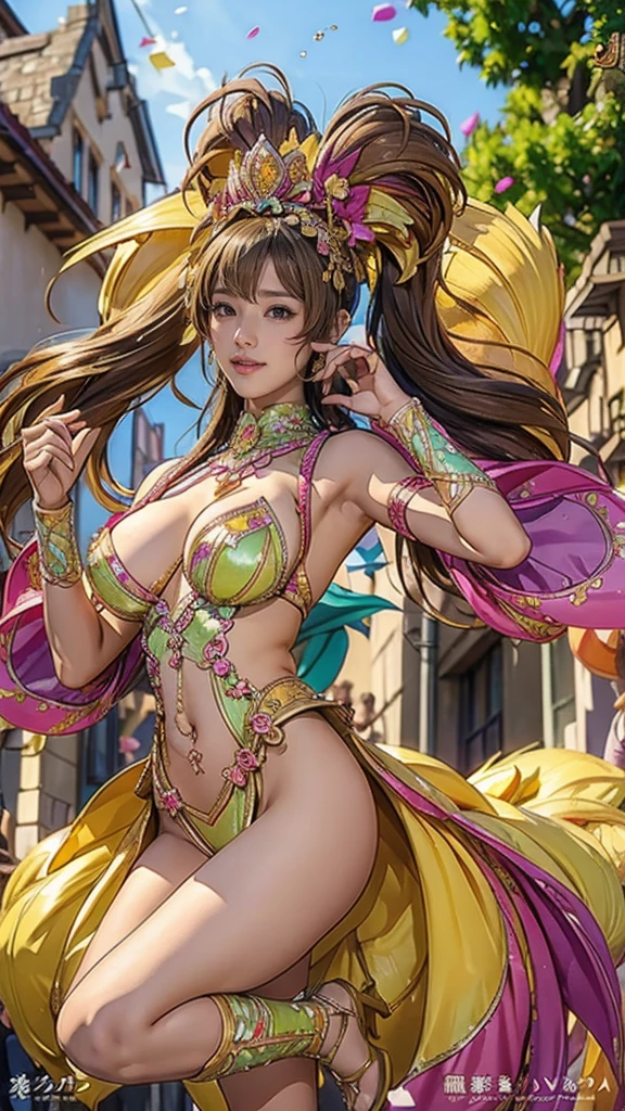 Highest quality, Official Art, masterpiece, Fabric Shading, High resolution, Very detailed, colorful, Best details, Fantasy, High leg samba micro costume:1.5, Yuki Mori:1.5, 1 female, Age 25, Brown Hair, short hair, Twin tails,Naturally flowing bangs, Puffy nipples, {{{{{Dancing vigorously in the parade:1.9}}}}}, A castle town with an old castle view, sunny, Large Breasts, skinny, Surrounded by a bunch of male photographers:1.9, Confetti falling, Blessed, welcome:1.5, Camel Toe:1.7, Ground level shot,