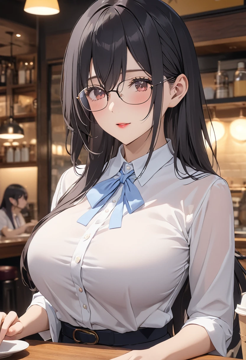 (Best Quality, 4K, 8k, High resolution, masterpiece:1.2), Very detailed, Picturesque, Animation Photos, Photo Animation:1.37)、Cafe、Beautiful Japanese Women、Black Hair、Long Hair、White shirt、Big Breasts、Square Glasses、Hanyu Mayuri 