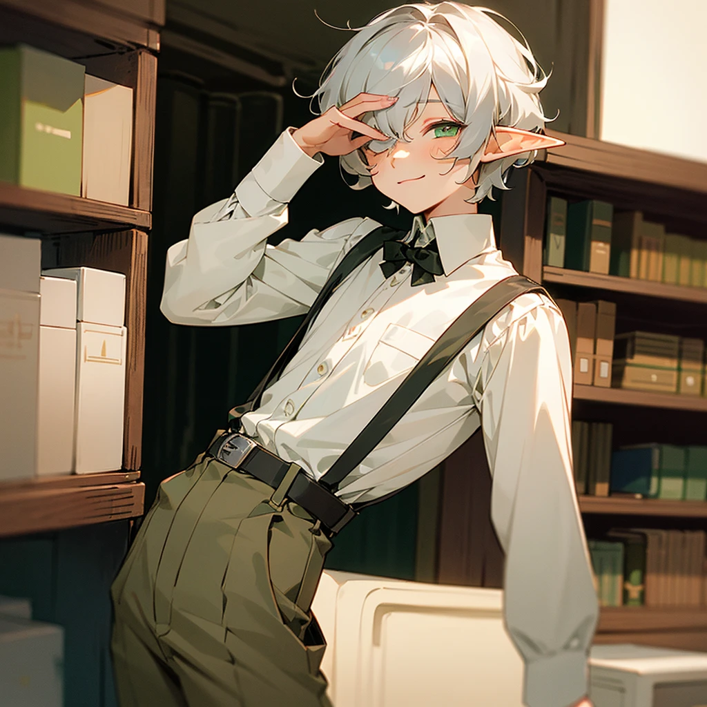 elf, silver hair,short hair, medium cut, curly hair, green eyes, fair skin, (1 boy), child, (covering one eye), petite, slim, suspender, White shirt, pants, belt, cool mild smile, inside, archive, with a bookshelf