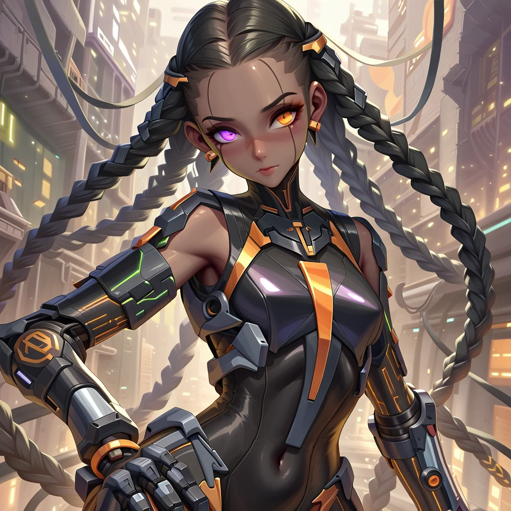 Black woman, sensuous, curvaceous, carnal,cool, powerful, (cyberpunk mecha ninja, mecha holographic dress, an orange bracelet:1.2), braids, long hair, (heterochromia eyes:1.2), big , (chocolate-skinned female, statuesque, voluptuous, braided black hair, soft heart-shaped face, concaved Nubian button nose, powerful. , tone, slender physique, heart hips, an eye-catching beauty, bottom-Heavy: Red green, and orange neon blacklight art, Masterpiece, hyper-aesthetic, hyper-absurd resolution, atmospheric perspective, depth of field, atmospheric shading, atmospheric lighting, ultra-high resolution, cinematic lighting, thick line detailed animation,4k, hyper resolution animation, best quality, expressive eyes, perfect face, perfect eyes, perfect anatomy, perfect physique, perfect hands, dynamic shading, dynamic pose, dynamic perspective, dynamic line of action, Raw sensuality