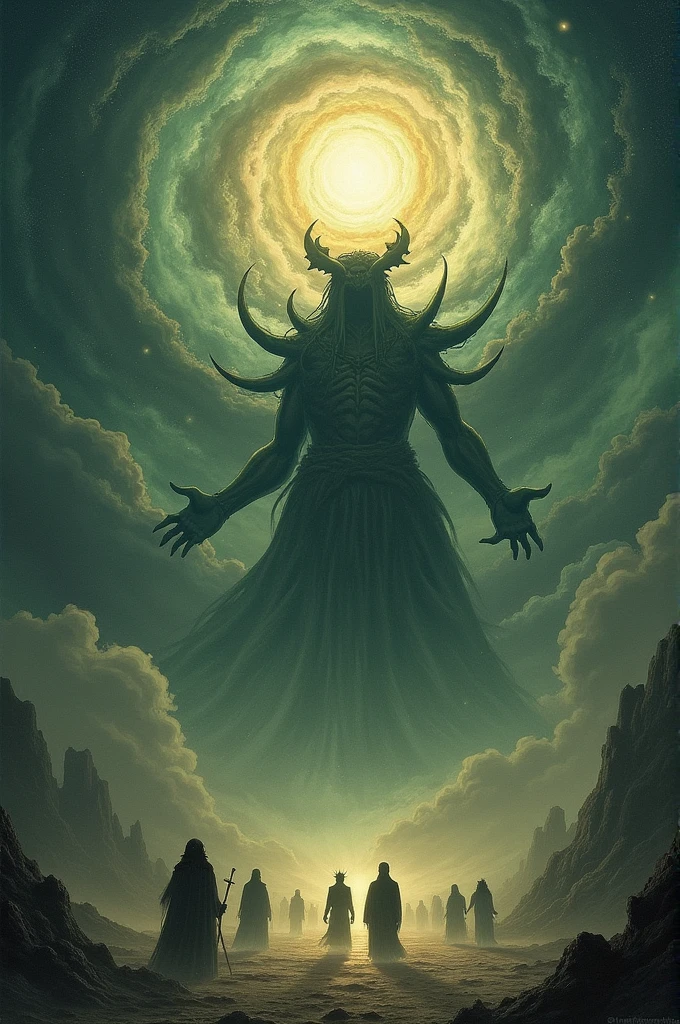 destroyed village, poor crowd in misery receiving divine light, blue skinned horned demons, dark medieval setting