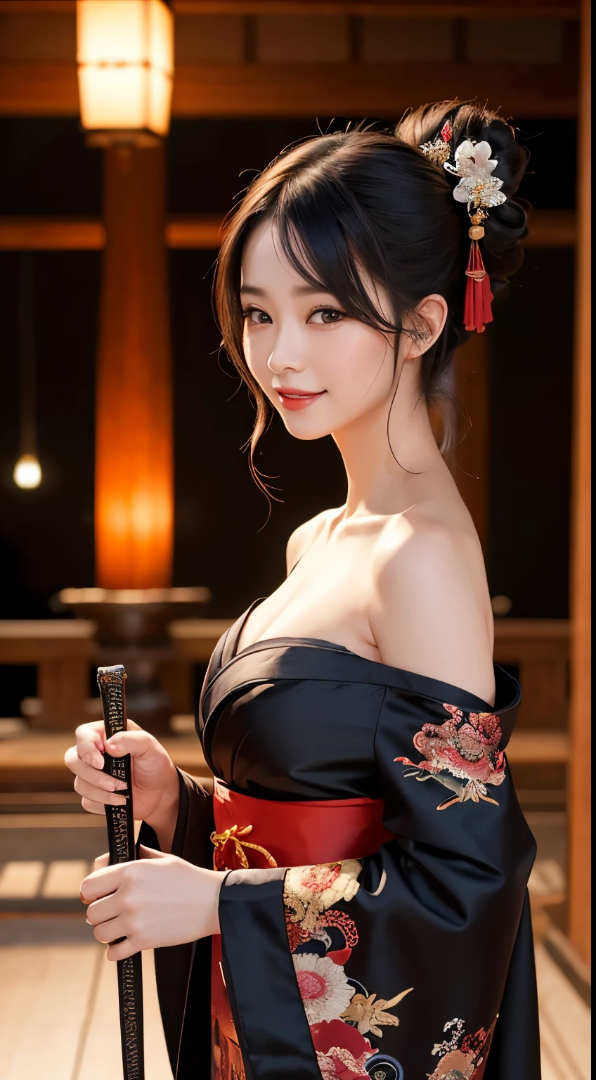 8K Ultra HD, Digital SLR,Film Grain, Fujifilm XT3,(Highest quality:1.3), (masterpiece:1.1), High resolution, Cinematic Light, Intricate details, (Realistic) (Night view) Realistic backlight、Dramatic reddish light、Beautiful Japanese Geisha full body photo, ((Facial texture Pore details)), Grin、Devilish smile, Simple messy hairstyle, She wears a black satin kimono decorated with traditional dragon motifs.., Open shoulders, Colorful dragon tattoos all over the body, Has a long blade, Long-bladed Japan sword in hand,Inside a traditional villa, 8k, Front blur