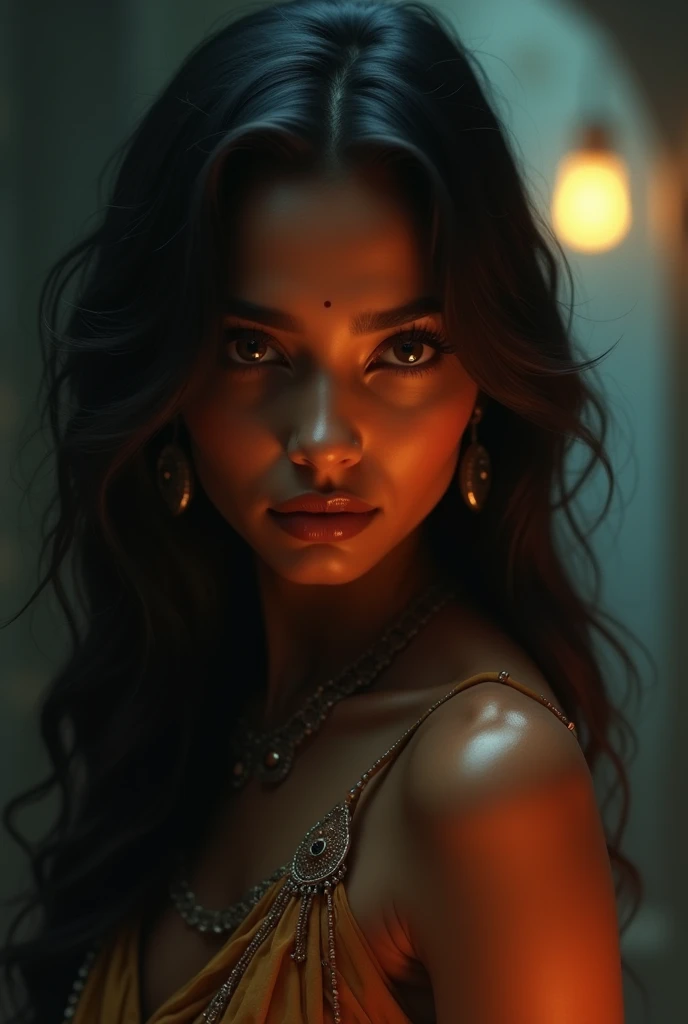 A Indian woman, cleavage , busty sensual pose, dramatic lighting, chiaroscuro, cinematic, dark, haunting, dramatic, moody, high contrast, vivid colors, glowing skin, oil painting, digital art, hyper realistic, photorealistic, best quality, 8k, masterpiece, ultra-detailed, large  , Sara ali khan 