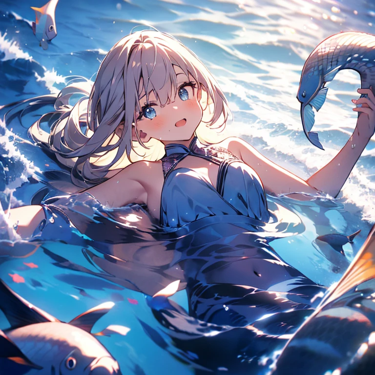 1 Female\((Mermaid),The lower body is a fish,Beautiful scale reflecting prism,Beautiful tail fin reflecting prism,The Princes,cute,cute,20 years old,Long braids,blonde,(Sing a beautiful song:1,4),Eye color is ocean blue,Big Eyes,Dynamic pose,Open your mouth wide,(look up),Under the Sea,happy,Wearing a beautiful heart-neck tube top,(Surrounding notes),(whole body:1.6)\), break ,background\((美しく清らかなUnder the Seaで),Beautiful fish,\), break ,quality\(8k,非常に精細なCGユニットのwallpaper, Masterpiece,High resolution,top-quality,top-quality real texture skin,Surreal,Increase the resolution,RAW Photos,最高quality,Very detailed,wallpaper,Cinema Lighting,Ray-tracing,Golden Ratio\),,landscape,[nsfw]