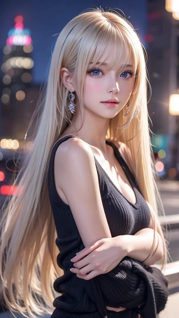 Platinum Blonde Silky Hair、masterpiece、Best Quality、High resolution、Highly detailed photos、Professional Lighting、(((Tops)))、Bangs between the eyes、Hair above the eyes、片Hair above the eyes、Mid-face hair、Strike a Pose、Portraiture、Bright expression、like々White, radiant skin、Great looks、Blonde reflection、Platinum blonde hair with dazzling highlights、Bright and shiny hair,、Long Straight Hair、Beautiful sparkling bangs、Sparkling、Clear、Attractive big blue eyes、so beautiful, Lovely and cute girl、Bust of a Rich Man、(Black tight knitwear),Night cityscape