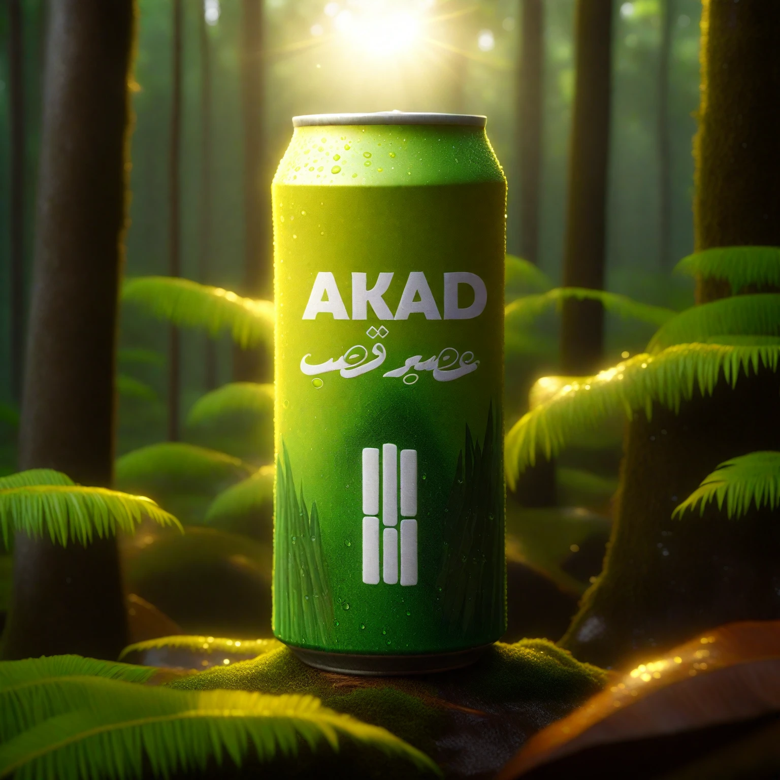 a shades of green and yellow soda can with a white logo, placed on moss in a magical forest, realistic water droplets floating, sunlight filtering through the sugar cane trees, soft glow, 8k, photorealistic, detailed, cinematic lighting, lush foliage, vibrant colors, depth of field, atmospheric, mystical, fantasy, nature, beverage, product placement