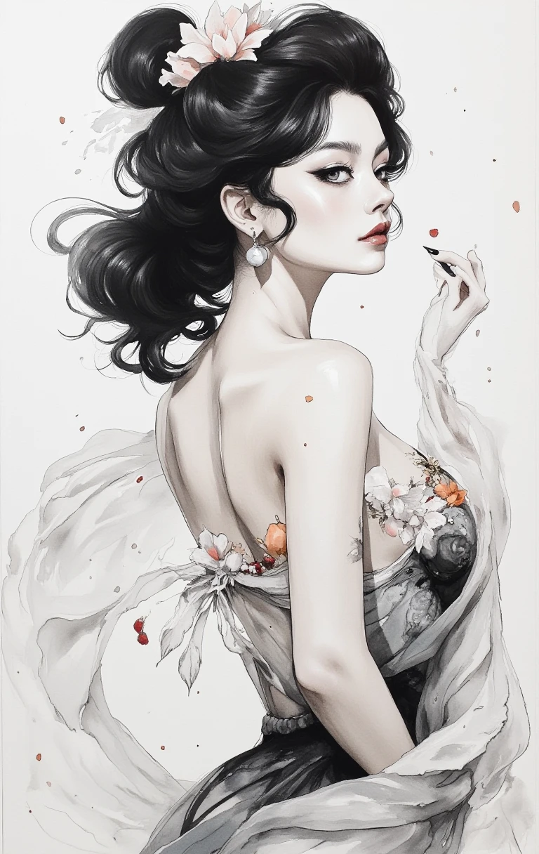 a beautiful attractive woman in body stocking suit, micro T-string , intricate chain jewelry suspenders, beautiful round breast, cleavage, chest press together ,medium long shot ,elegance pose, Intricate designs and patterns in the style of Alphonse Mucha ,Art Nouveau flowery background, black wavy hair,long earrings,red lipstick