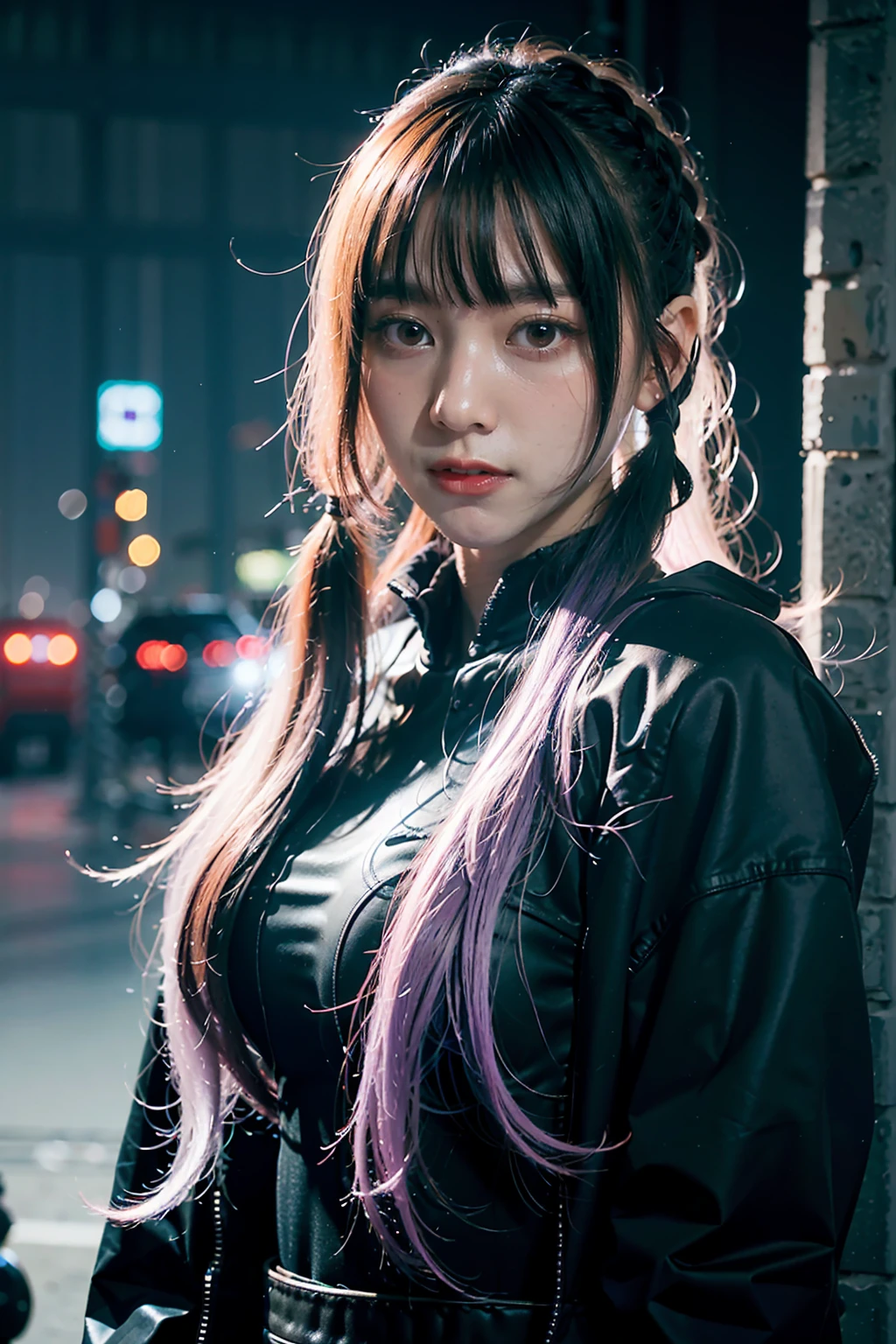 unreal engine 5, realistic, 8k, masterpiece, best quality, illustration, beautiful detailed eyes, colorful background, mechanical prosthesis, mecha coverage, emerging dark purple across with white hair, pig tails, disheveled hair, fluorescent purple, cool movement, rose red eyes, beatiful detailed cyberpunk city, multicolored hair, beautiful detailed glow, 1 girl, expressionless, standing beside cybernetic truck, cold expression, insanity, long bangs, long hair, lace, dynamic composition, motion, ultra - detailed, incredibly detailed, a lot of details, amazing fine details and brush strokes, smooth, hd semirealistic anime cg concept art digital painting, cyborg style,