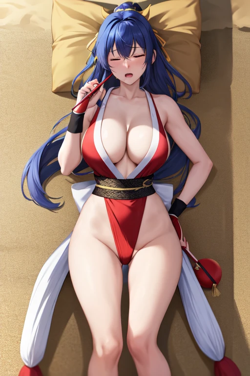 masterpiece, best quality, beautiful art, high resolution, well formed hands, body and fingers, 1 woman, solo, long blue  hair, blue eyes, blue makeup, blue lipstick,adult, grown up,  cosplaying as Mai Shiranui , mai_shiranui_cosplay, adult, blue sexy Japanese clothes, large and big breasted, cleavage, full body picture, hair ribbon, holding fans on her hands, gorgeous legs and, thighs, sexy Japanese clothes, hair ornament , sexy and bare legs , hips and thighs, panties peek ryona , in peril, she is being beaten up by her opponent, closed eyes, she is knocked down and she is slapped in the face , slipping down and falling down on the floor, receiving the impact of her opponent's attacks, closed eyes, screaming in pain and agony, heroine in peril, ryona and perilous scene, bouncing breasts, weak and helpless, martial arts tournament on the beach ryona , in peril, she is being beaten up by her opponent, closed eyes, she is knocked down and she is slapped in the face , slipping down and falling down on the floor, receiving the impact of her opponent's attacks, closed eyes, screaming in pain and agony, heroine in peril, ryona and perilous scene, bouncing breasts, weak and helpless, martial arts tournament on the beach ,