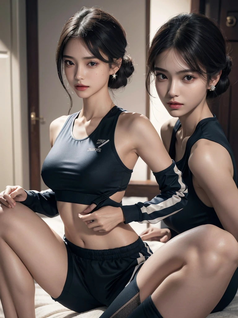 absurdres, RAW photo, extremely delicate and beautiful, masterpiece, Best Quality, ultra high resolution, 16k, hyperrealistic, ultra-detailed, perfect anatomy, super Detailed skin, perfect figure, Very detailed CG 8k wallpaper, in her 20s, very Slim body, narrow waist, very small head, very small face, delicate facial features, tearful mole, mole on chest, earring, thin legs, (very huge round breasts), midriff, sleeveless, (full body shot), 3 girls, dark Blonde hair, short medium hair, ((track suit)),
