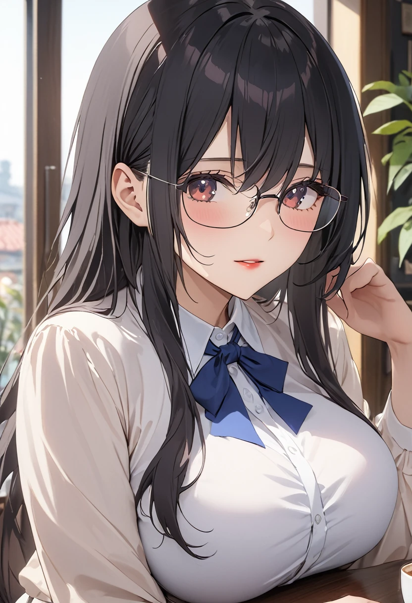 (Best Quality, 4K, 8k, High resolution, masterpiece:1.2), Very detailed, Picturesque, Animation Photos, Photo Animation:1.37)、Cafe、Beautiful Japanese Women、Black Hair、Long Hair、White shirt、Big Breasts、Square Glasses、Hanyu Mayuri 