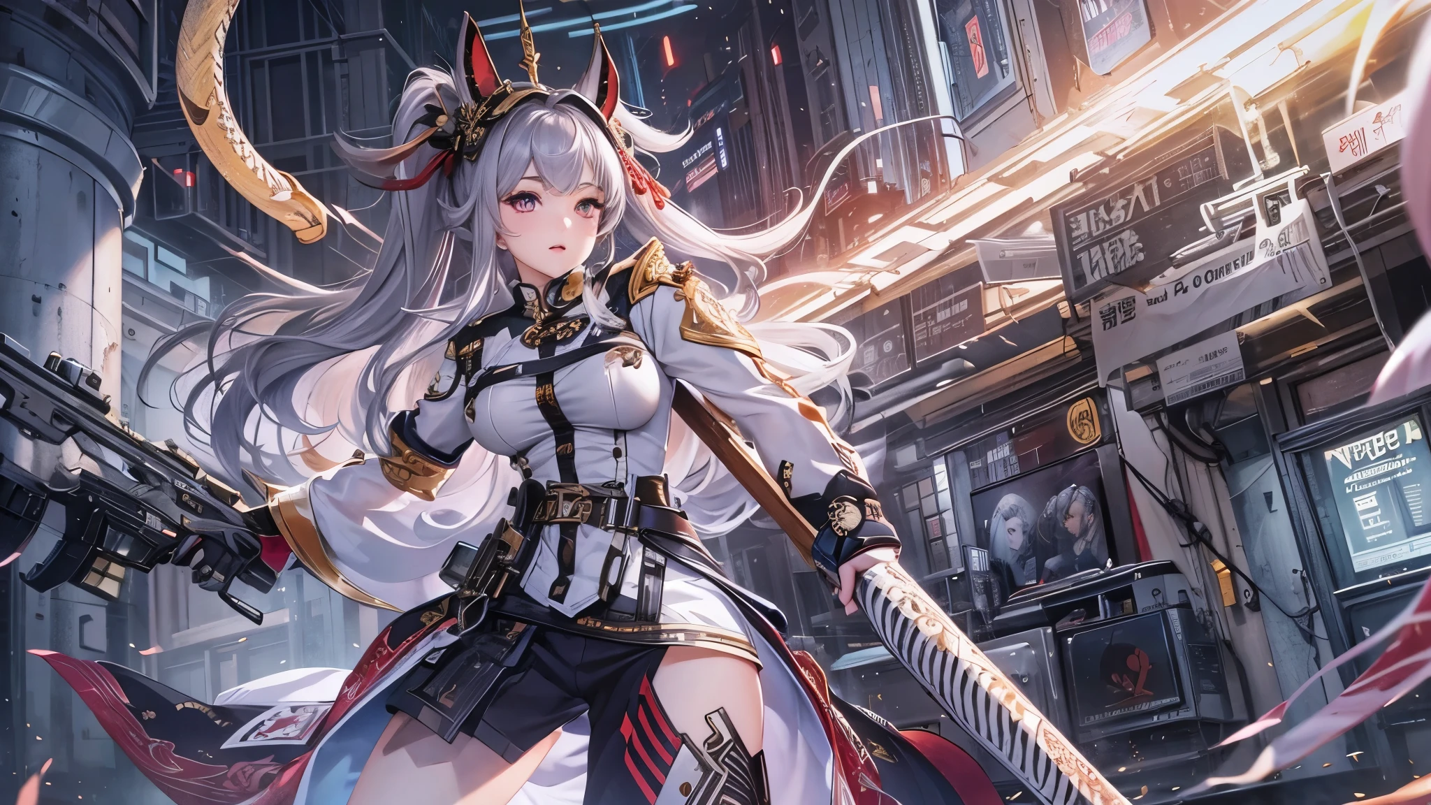 (masterpiece), best quality, fantasy art, 1girl, (solo:1.5), a female knight in red dress and metal armor with gold decoration holding giant sword, long hair, white hair, tiara, glaring, weapon, sword, holding_weapon, riding on a cyberpunk style motorcycle, motorcycle, ground vehicle, motor vehicle, cybercity background, ((cyber city)),speed lines, vivid color,armored dress