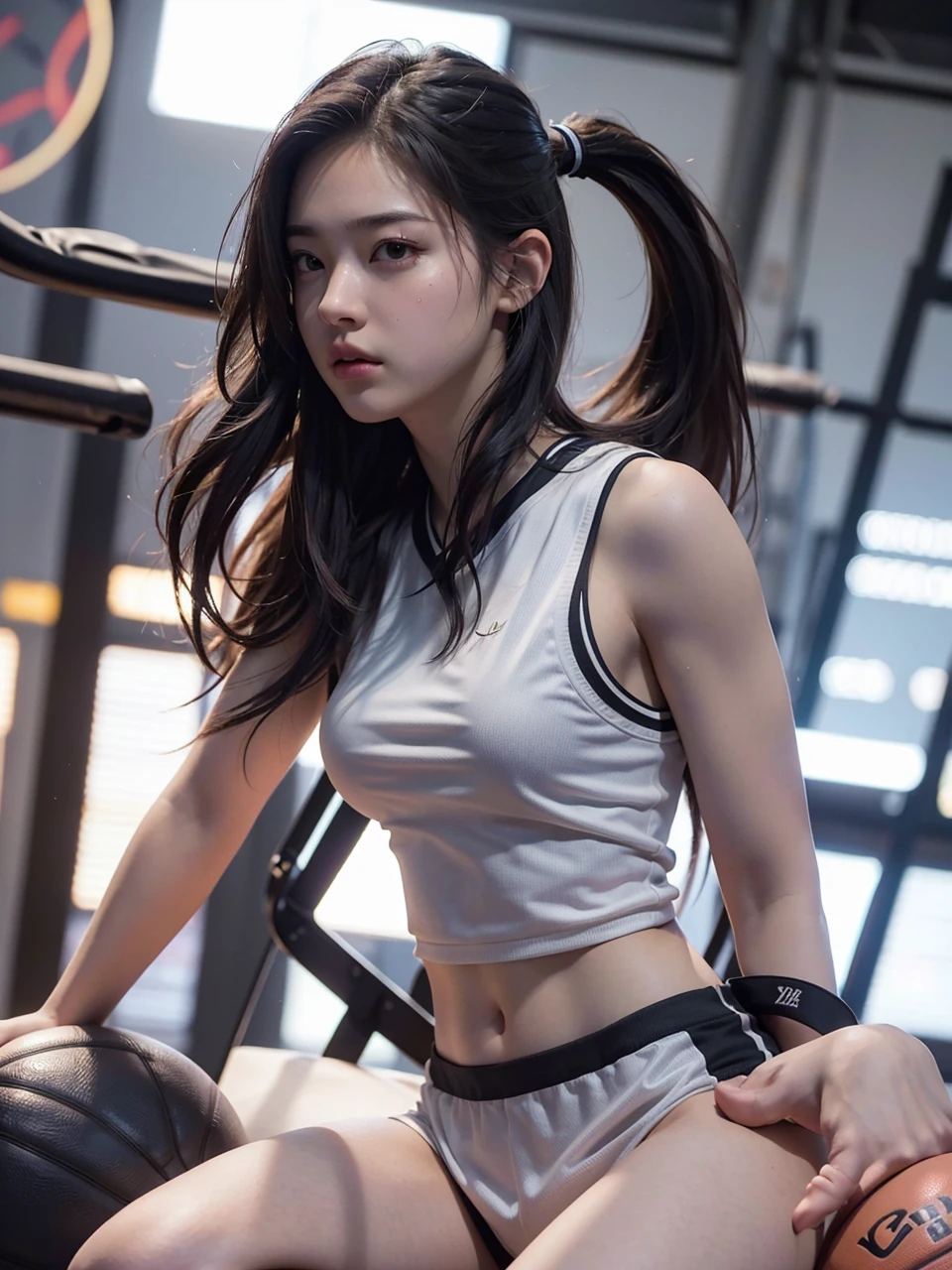 White gym clothes,Navy Blue Bloomers,,high school girl,Black Hair,bangs,Straight Hair,Twin tails,Dark Eyes,Small Face,Young face,Clean eyes,Small Mouth,Showing teeth,slender,Young face,,Flat chest,Flat chest,Flat chest,Flat chest,gym,live-action,Realistic photos,8K,Smile,White teeth,Ultra HD,Standing posture,whole body,