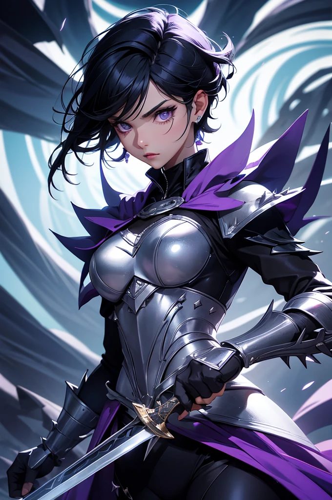 Adult woman, dark purple hair, low ponytail, golden eyes, cat ears, Tight-fitting leather armor, anger, Masterpiece, hiquality