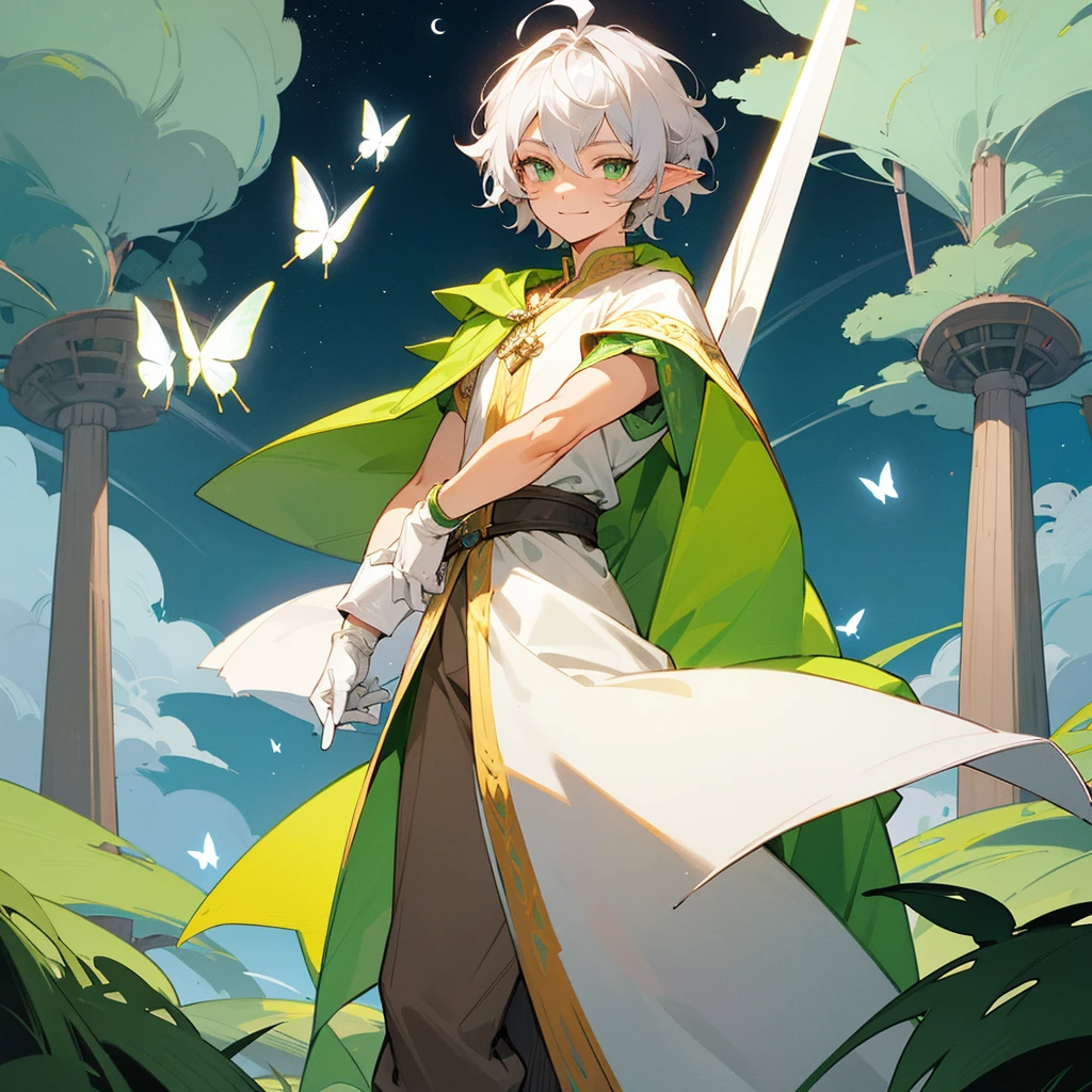 elf, male, silver hair,short hair, medium cut, ahoge, curly hair, green eyes, fair skin, green  wizard Celt robe, Robe with Contains a butterfly relief, White seek cloak, brown pants, pants Comes with moon accessories, White gloves, cool mild Smile, windmill, Solo, icon, chibi, cute, fantasy, standing, wink