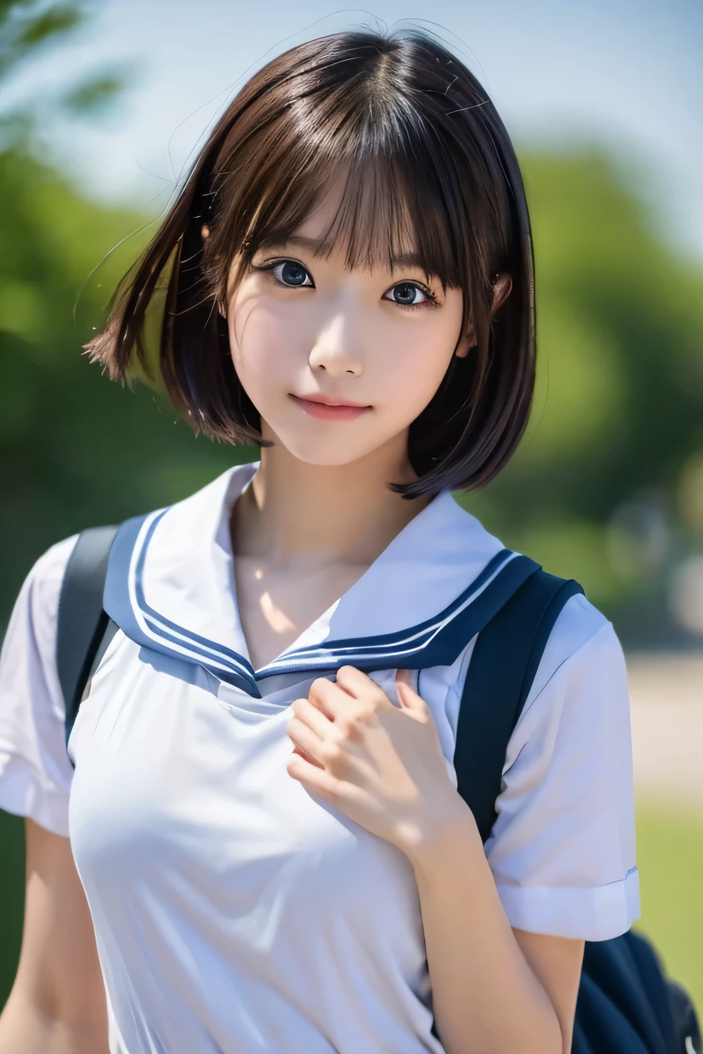 (Beautiful girl walking to school:1.5), Baby Face , (Best Quality:1.4), (Very detailed), (Very detailed美しい顔), Carrying a school bag, Evenly balanced eyes, (Short-sleeved sailor uniform :1.3), (School uniform:1.3), Beautiful face and eyes, iris, Short Hair, The Beauty of Japan, (Skinny body type:1.5), (Flat Chest:1.5), Smooth, Very detailed CG synthesis 8k wallpaper, High-resolution RAW color photos, Professional photography, Light, BackLight, Dreamy, Impressive, Written boundary depth, (Face close-up:1.4), (Photographed from the front:1.5)