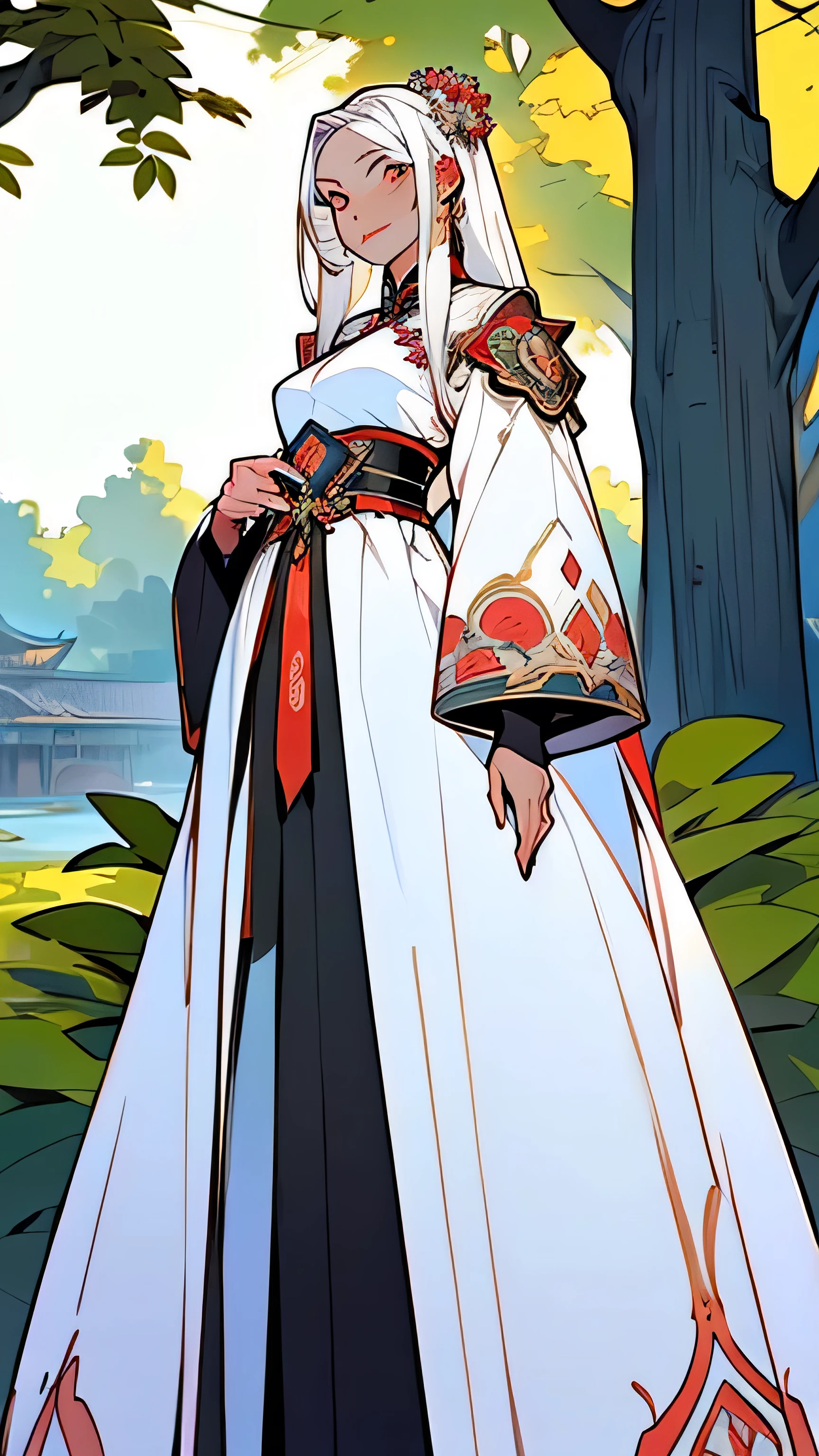 masterpiece,extremely beautiful Chinese woman,highly detailed beautiful face,big eyelahes,minimum waist,white cchina soft dress, straight white hair,excellent sense,American Comics,(((The Perfect One Woman))),(((one person))),find lines ,colorful,highly detailed body,florish garden in the background 