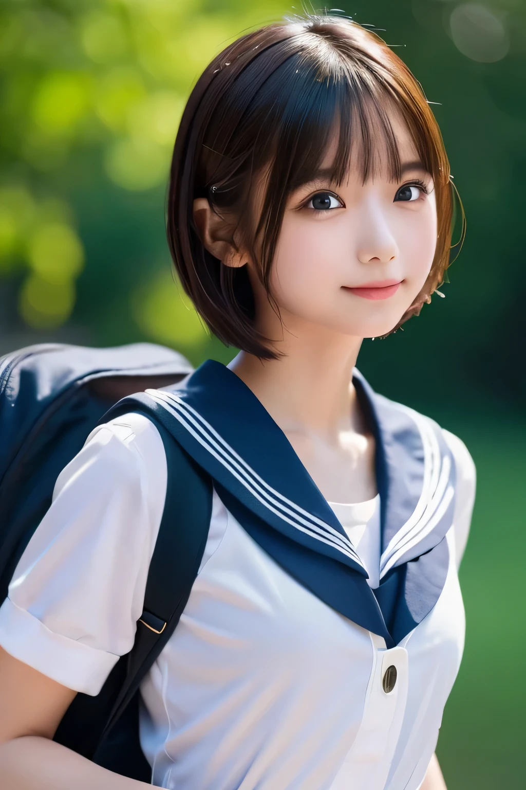 (Beautiful girl walking to school:1.5), Baby Face , (Best Quality:1.4), (Very detailed), (Very detailed美しい顔), Carrying a school bag, Evenly balanced eyes, (Short-sleeved sailor uniform :1.3), (School uniform:1.3), Beautiful face and eyes, iris, Short Hair, The Beauty of Japan, smile, (Skinny body type:1.5), (Flat Chest:1.5), Smooth, Very detailed CG synthesis 8k wallpaper, High-resolution RAW color photos, Professional photography, Light, BackLight, Dreamy, Impressive, Written boundary depth, (Face close-up:1.4), (Shooting from the side:1.5)