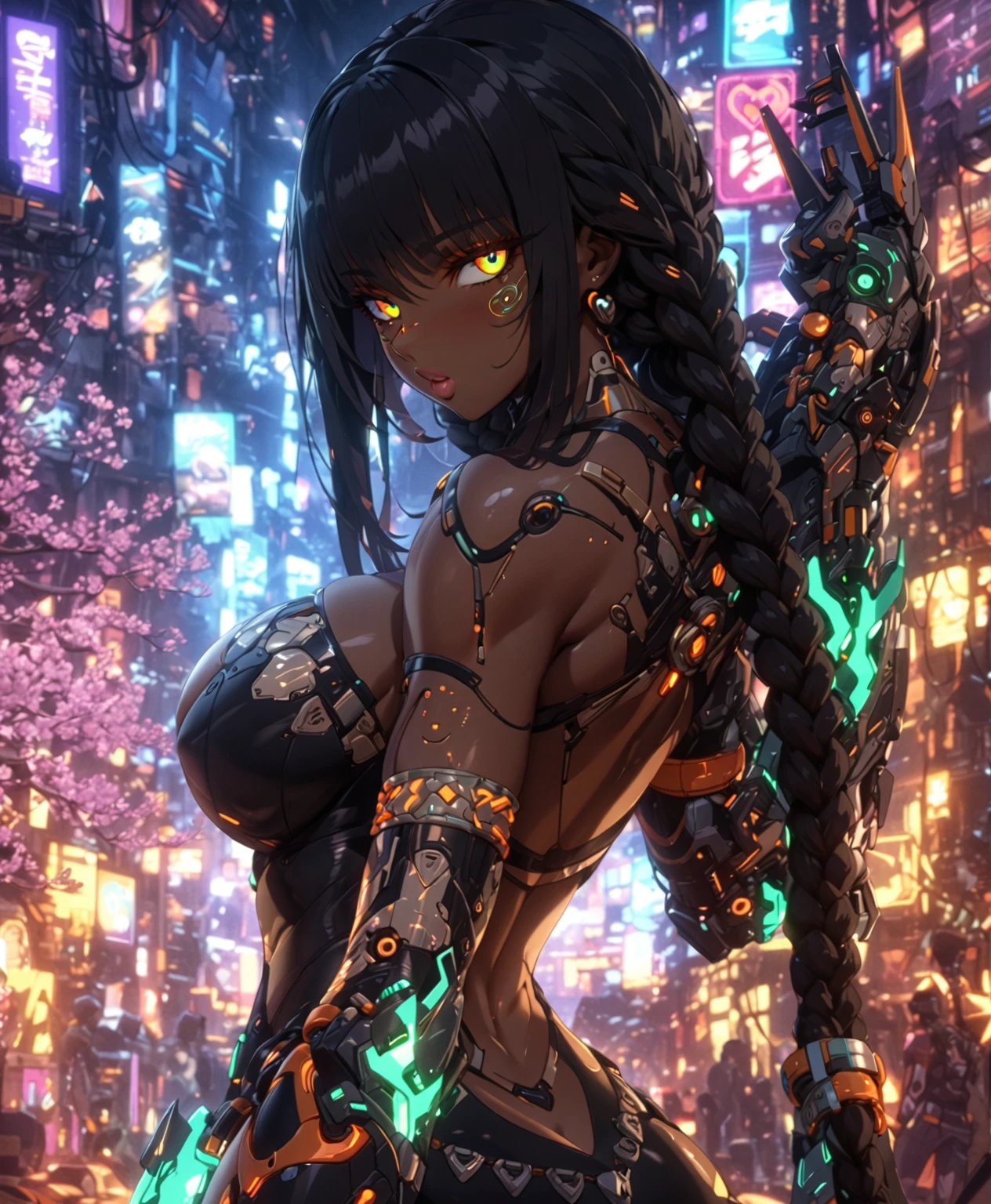 Black woman, sensuous, curvaceous, carnal,cool, powerful, (cyberpunk mecha ninja, mecha holographic dress, an orange bracelet:1.2), braids, long hair, (heterochromia eyes:1.2), big , (chocolate-skinned female, statuesque, voluptuous, braided black hair, soft heart-shaped face, concaved Nubian button nose, powerful. , tone, slender physique, heart hips, an eye-catching beauty, bottom-Heavy: Red green, and orange neon blacklight art, Masterpiece, hyper-aesthetic, hyper-absurd resolution, atmospheric perspective, depth of field, atmospheric shading, atmospheric lighting, ultra-high resolution, cinematic lighting, thick line detailed animation,4k, hyper resolution animation, best quality, expressive eyes, perfect face, perfect eyes, perfect anatomy, perfect physique, perfect hands, dynamic shading, dynamic pose, dynamic perspective, dynamic line of action, Raw sensuality