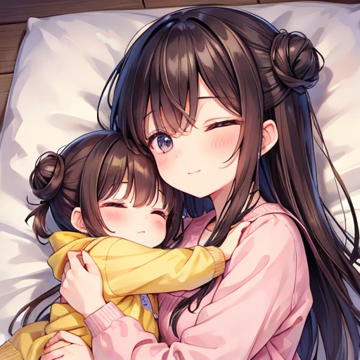 「An illustration of a parent and  sleeping together、Please use soft pastel colors with dark, muted colors in a hand-drawn style.。Her mother braided her long black hair.、Her characteristic bun hairstyle is、Wearing pink clothes、She has her eyes open and a sweet smile、He hugs his daughter tenderly。The girl is wearing yellow clothes、Characterized by short brown hair、Sleeping peacefully in my mother&#39;s arms。They shared a blue pillow、Sleeping wrapped in a pink blanket。The blanket has a white wave pattern。While the characters appear calm and happy,、The background needs to be simple and gentle.。」Bust up shot、mother is 2、My daughter is 