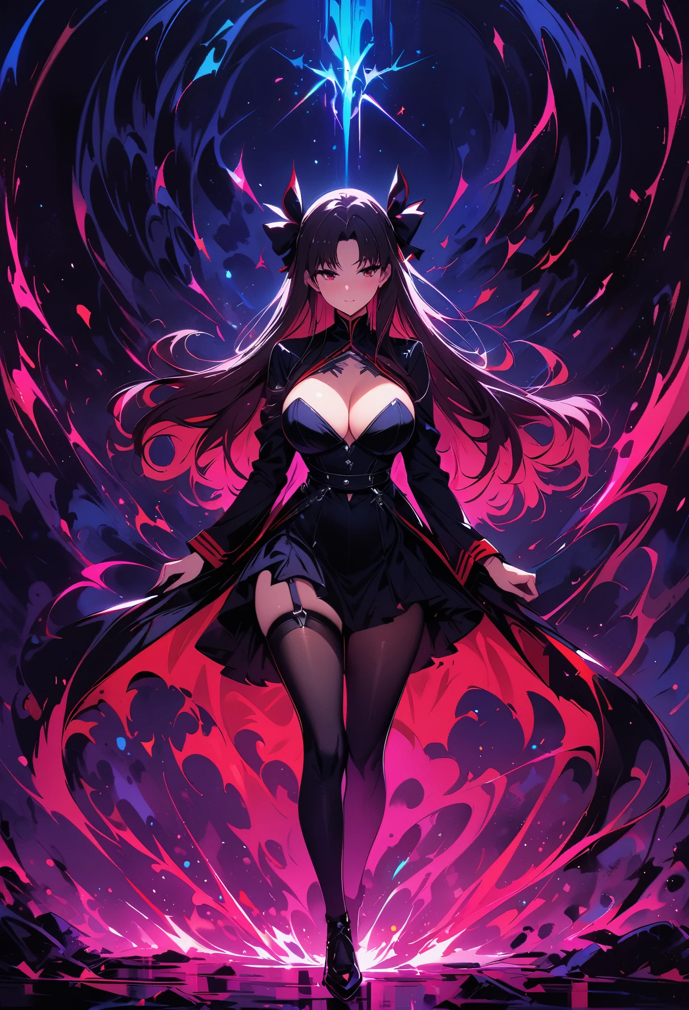 Rin Tohsaka,(masterpiece, Best quality:1.2), Black Light Art,1 girl, solitary,Tights,Chest,,Tights,Busty