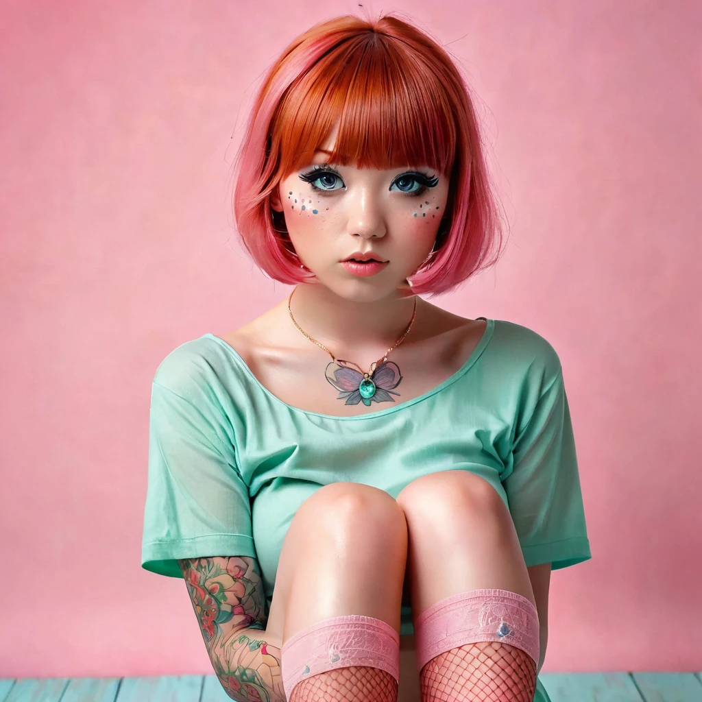 A delicate,  naked nude red haired
10 yo girl with a hopefull expression, wearing a short, pastel pink fishnet body and nylons, little headtattooe straight bangs framing her black eyes, and a kawaii-inspired style. She has a flat chest, and her legs and feet are bare, with bright red toenails. The background is playful and colorful, with soft, natural lighting that brings out the pastel hues. The overall aesthetic is cute and whimsical, with a focus on pastel colors and adorable accessories. The image should be rendered in high-definition quality, with a 2:3 aspect ratio, and a level of detail that makes the subject pop.
