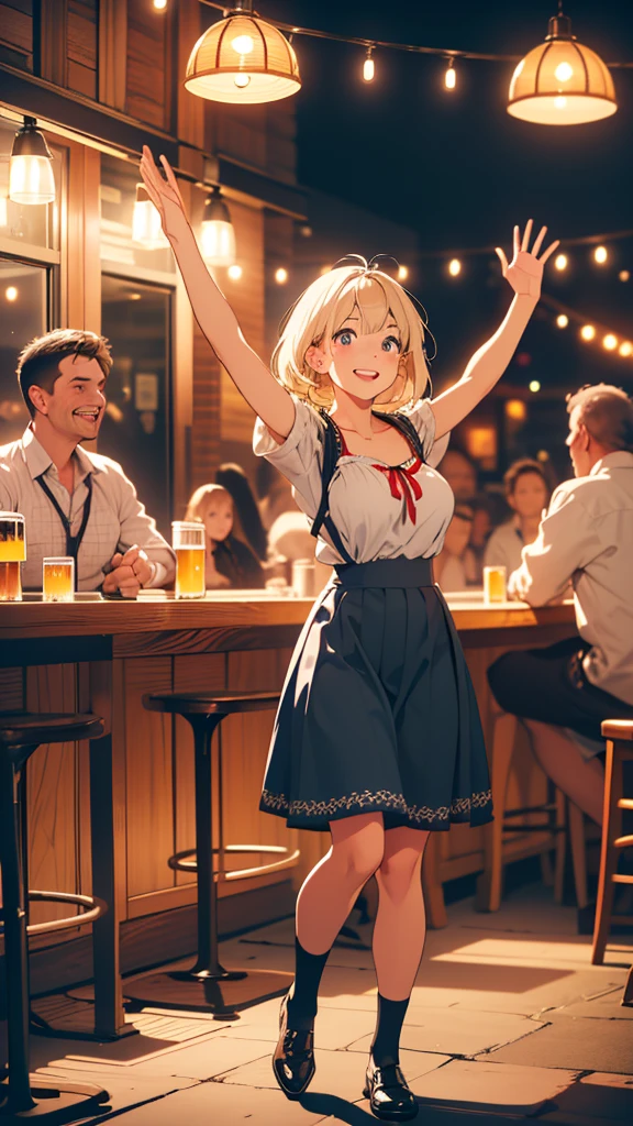 Blonde, Bob cut, cute breasts, from the front, (closeup her character), ((Black and white dirndl)), (Blue Skirt), White apron, teenager, Tilt your head:1.3, (((wave hand))), ((Stretch your arm)), (best quality, 4k, 8k, High resolution, masterpiece:1.2, absurdres, ultra detailed), (detailed cute face, detailed eyes, nose, juicy lips), (Full Body Shot), ((bar)), Dark Night, lamp, Beer, she is holding Beer Glass, crowd, Drunk, (Middle-aged men and women, enjoying ,drinking in the pub), Open chest, sexy , (big slim, Laughing with your mouth open ), Thick thighs, ((Gathered skirt)), sweaty body, perfect anatomy:1.2