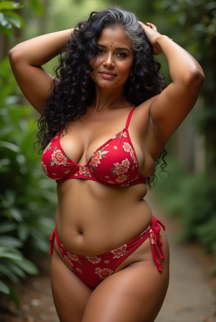Create image of a beautiful Brazilian Indian, in transparent red lingerie, with large breasts, big ass, tattoo with a pink bow on the thigh, pepper tattoo below the navel, perfect body, hyper realistic skin, standing on top of a rock near a waterfall