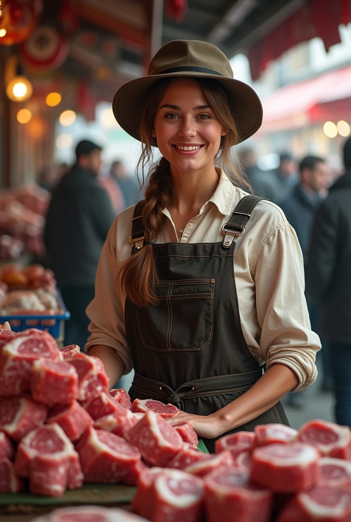 21 yo Beautiful friendly and happy Traditional Market female vendors [Elizabeth II:Maude Adams:0.45], butcher section, butcher dagger, butcher apron, detailed face, perfect face, perfect eyes, symmetric eyes, insanely detailed and intricate, ultra sharp focus, cinematic scene by Tim Burton, professional masterpiece photo realistic digital artwork by Frank Bellamy, artistic scene by Tim Burton, directional lighting, octane render, professional lightroom color grading by Mark McGee