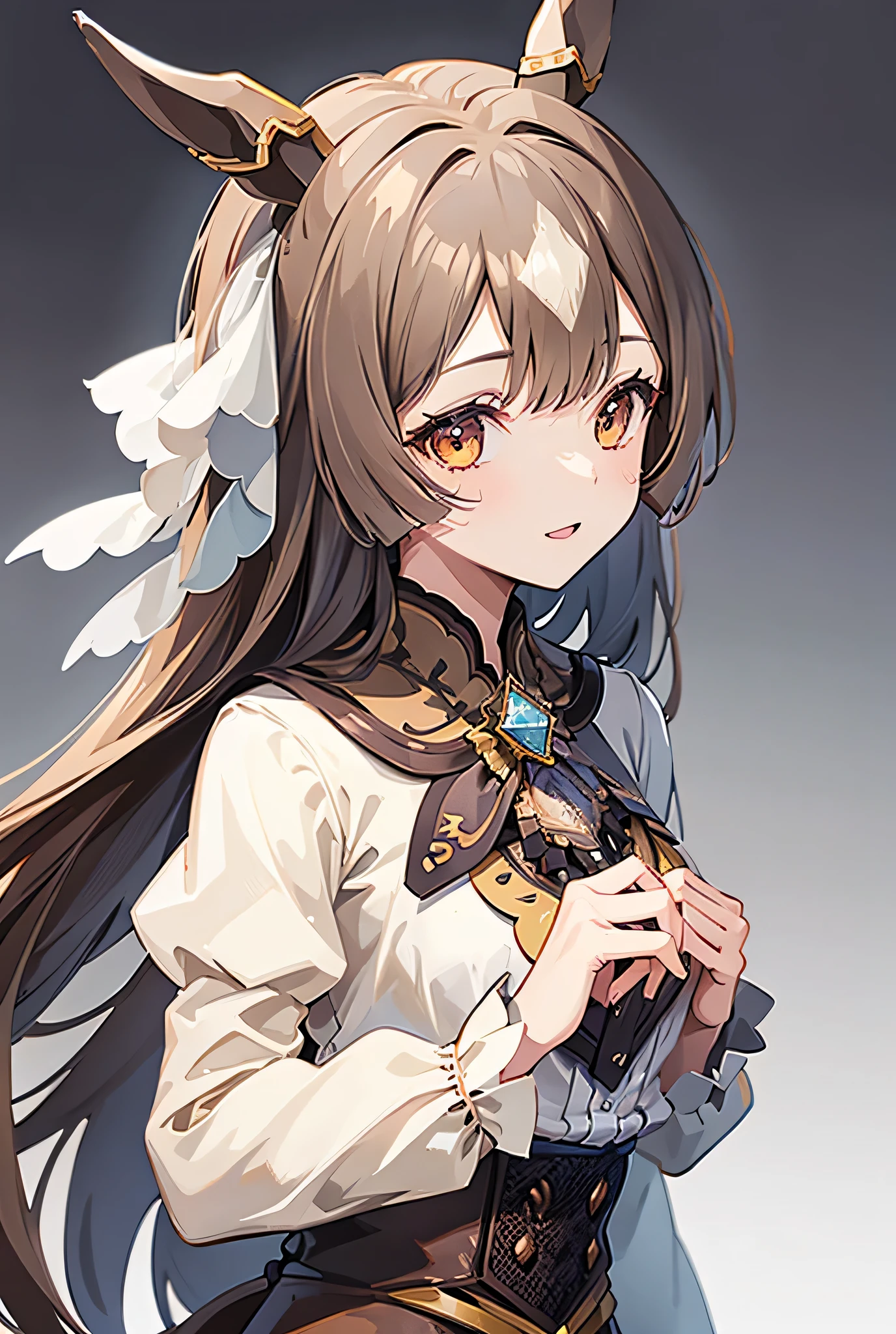One girl, Alone, Long Hair, chest, Open your mouth, smile, Brown Hair, Simple Background, ribbon, Animal ears, High resolution, masterpiece, high quality, Textured skin, High detail, Big chest, Horse ears, Character portrait, anime, 非常にBig chest, Perfect hands, Look at, Brown Hair, Character portrait,